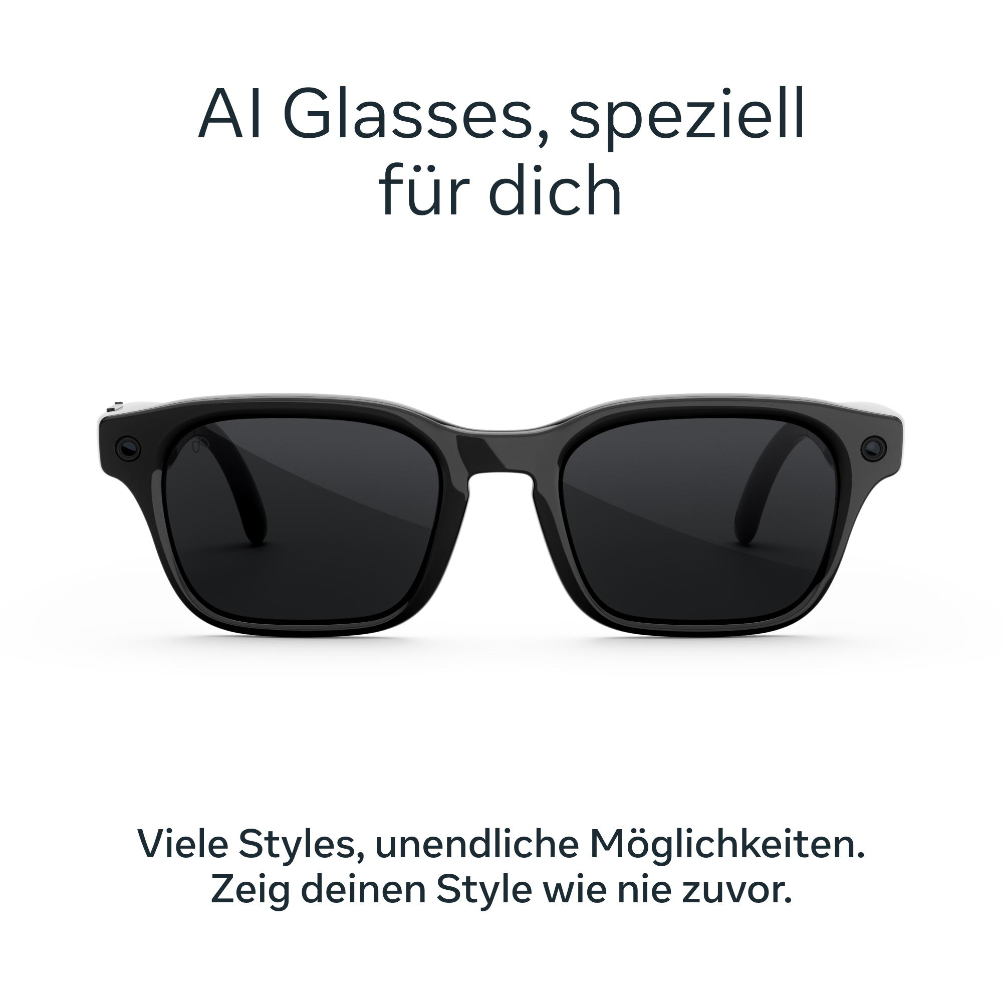 Schwarze KI-Brille mit dunklen Gläsern und Text darüber und darunter.