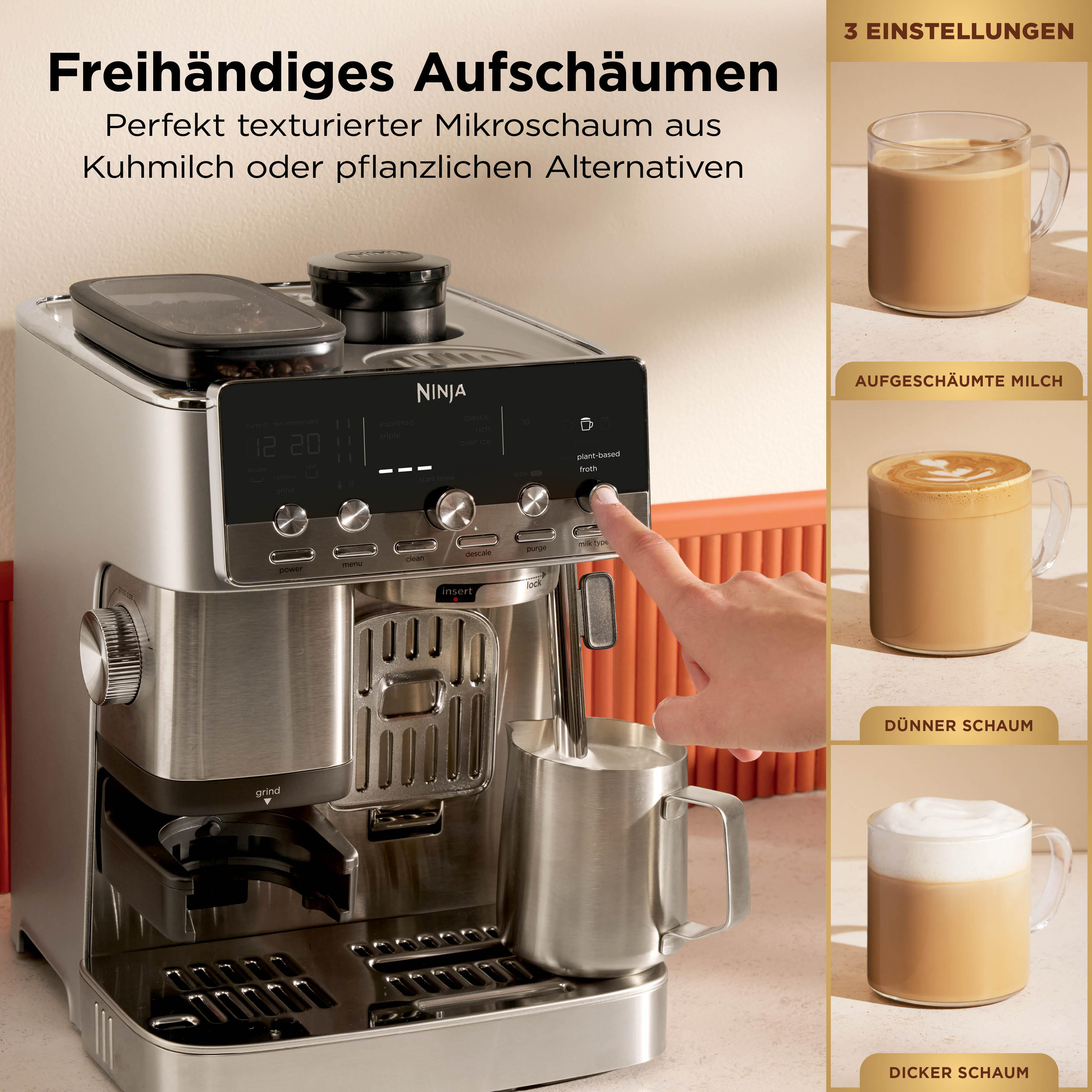 Ninja Kaffeemaschine mit Milchbehälter und drei verschiedenen Schaumgraden.