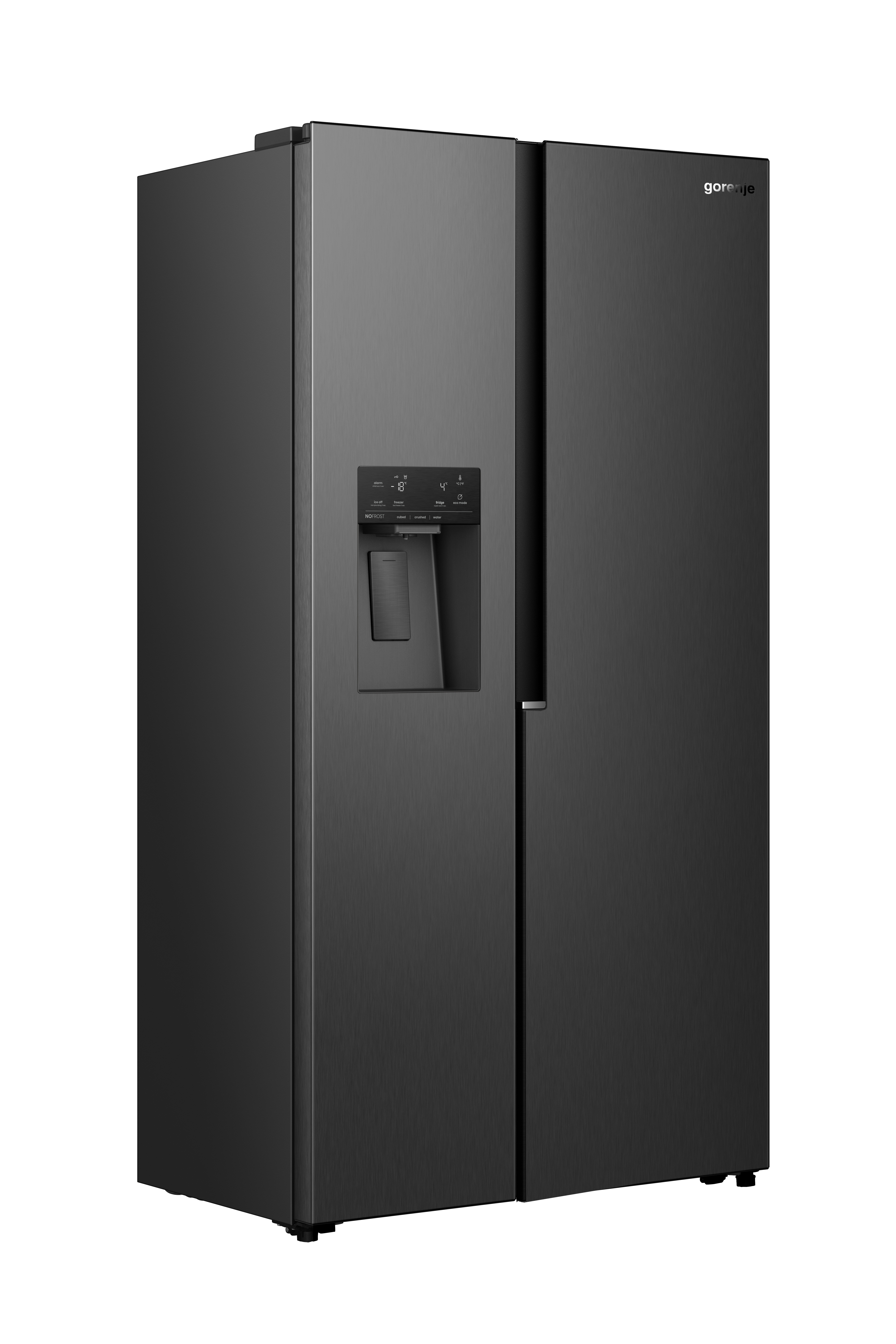 Ein moderner schwarzer Kühlschrank mit zwei Türen und einem Wasserspender.