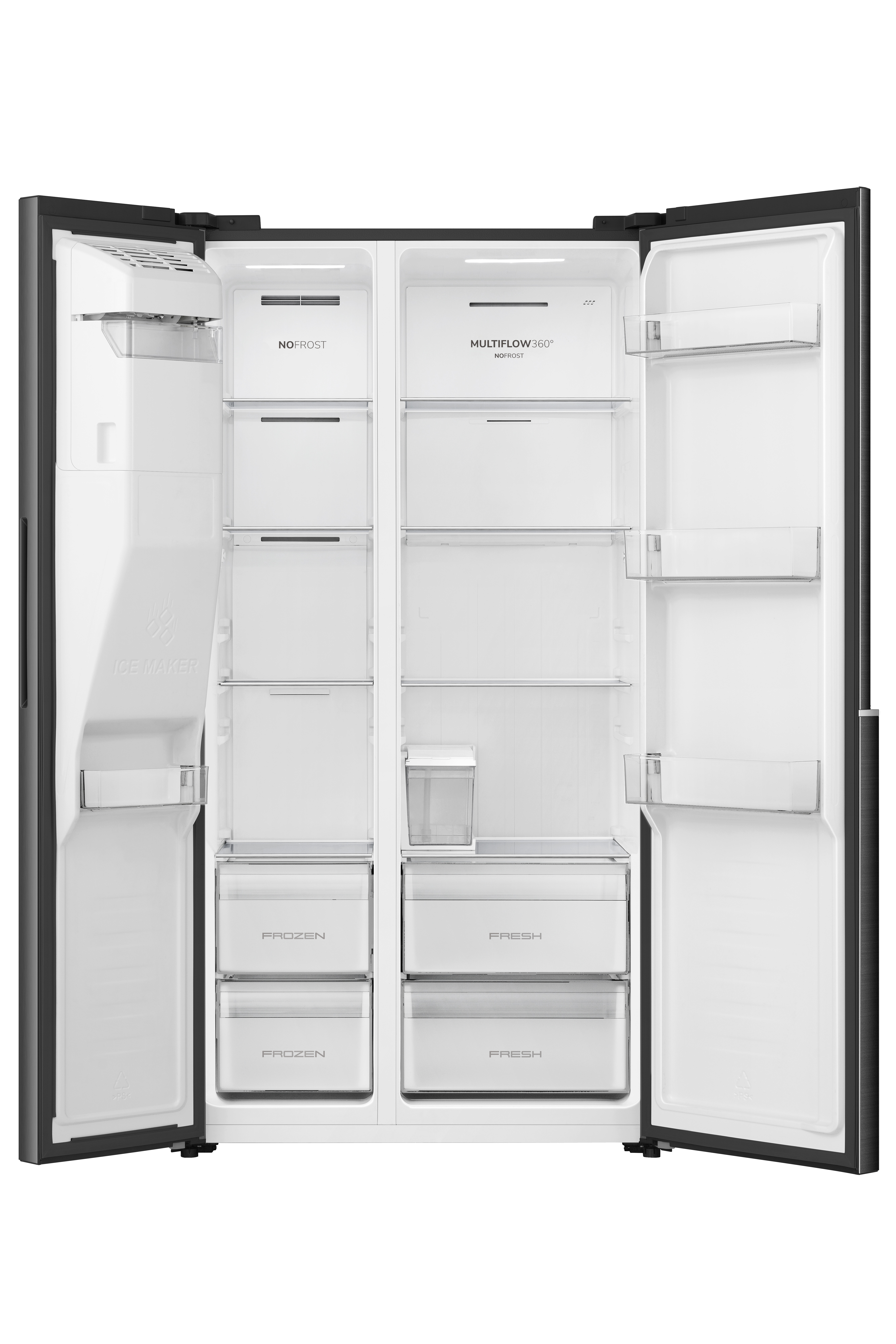 Ein leerer schwarzer Kühlschrank mit offenen Türen, innen weiß mit Schubladen.