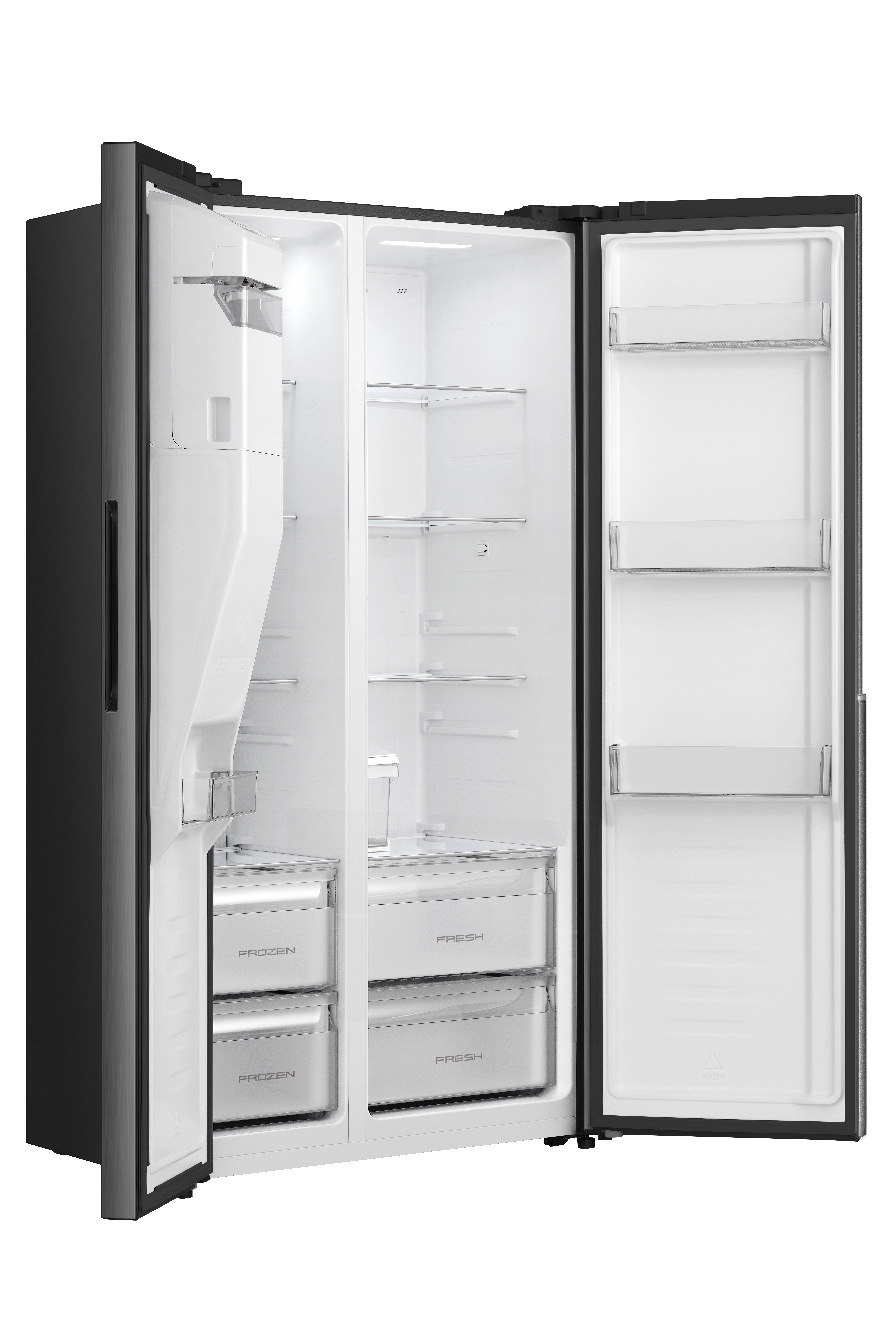 Ein leerer schwarzer Kühlschrank mit offenen Türen, der Kühl- und Gefrierfächer zeigt.