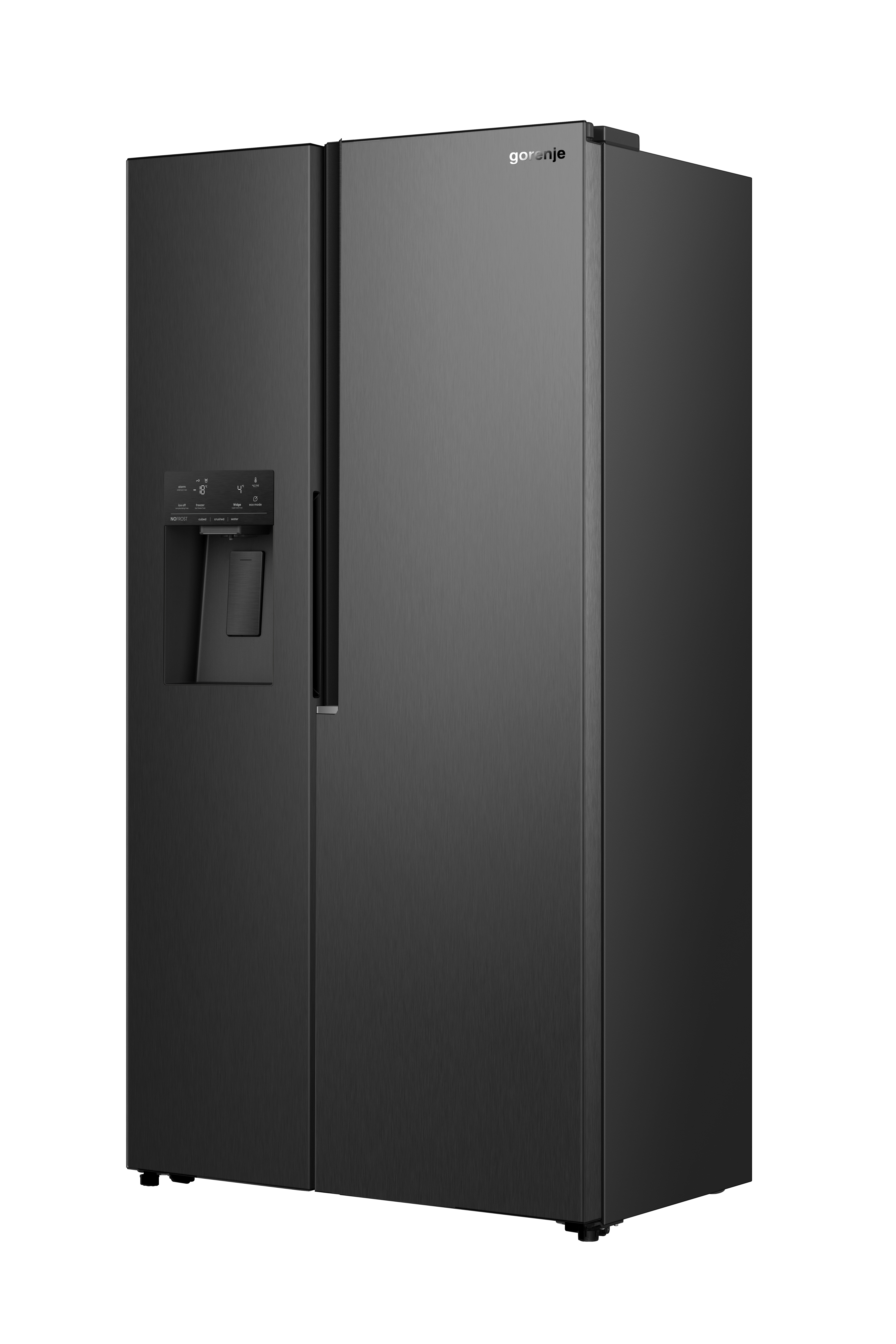 Ein schwarzer Gorenje Kühlschrank mit zwei Türen und einem Wasserspender.