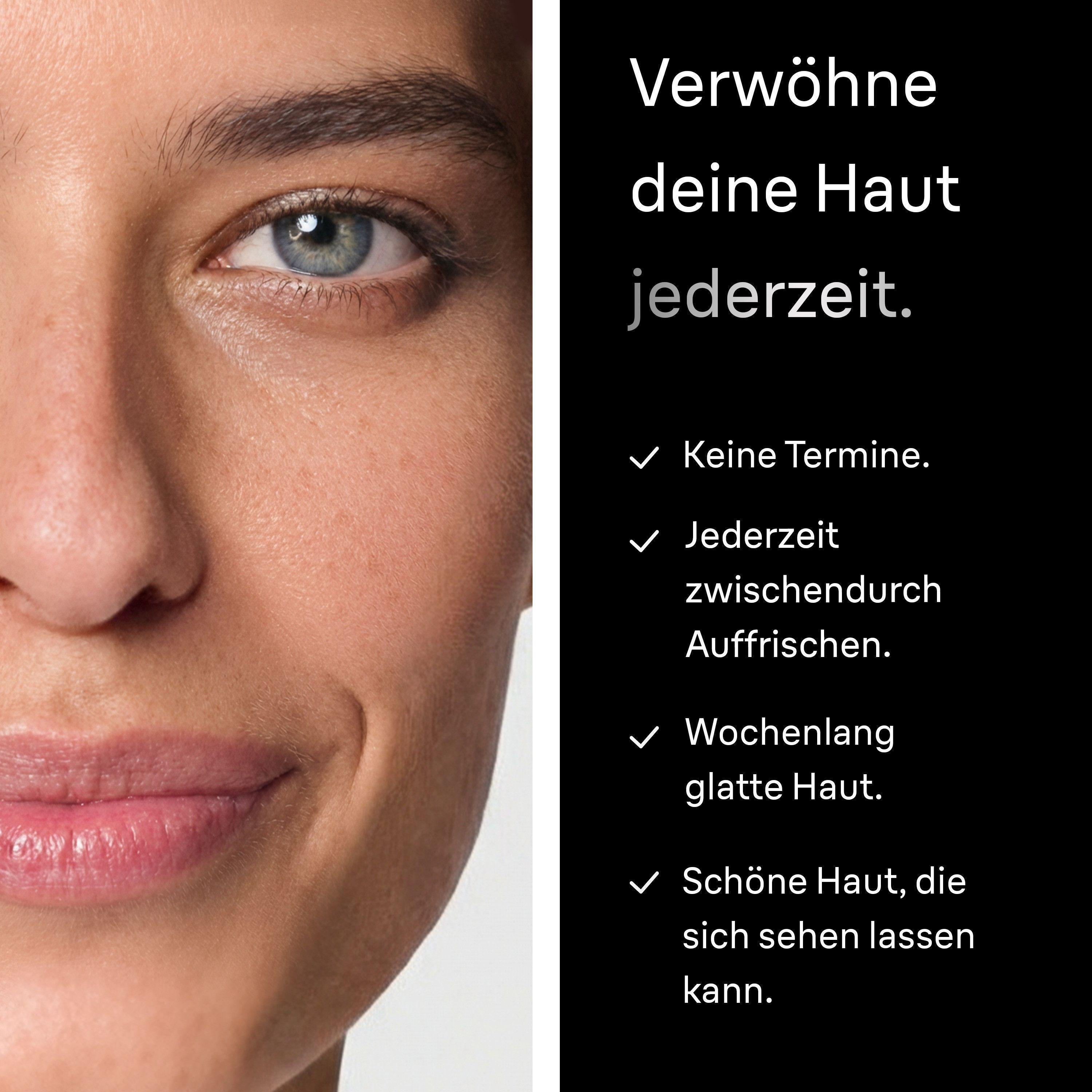 Nahaufnahme eines Gesichts mit Text über Hautpflege, keine Termine nötig.