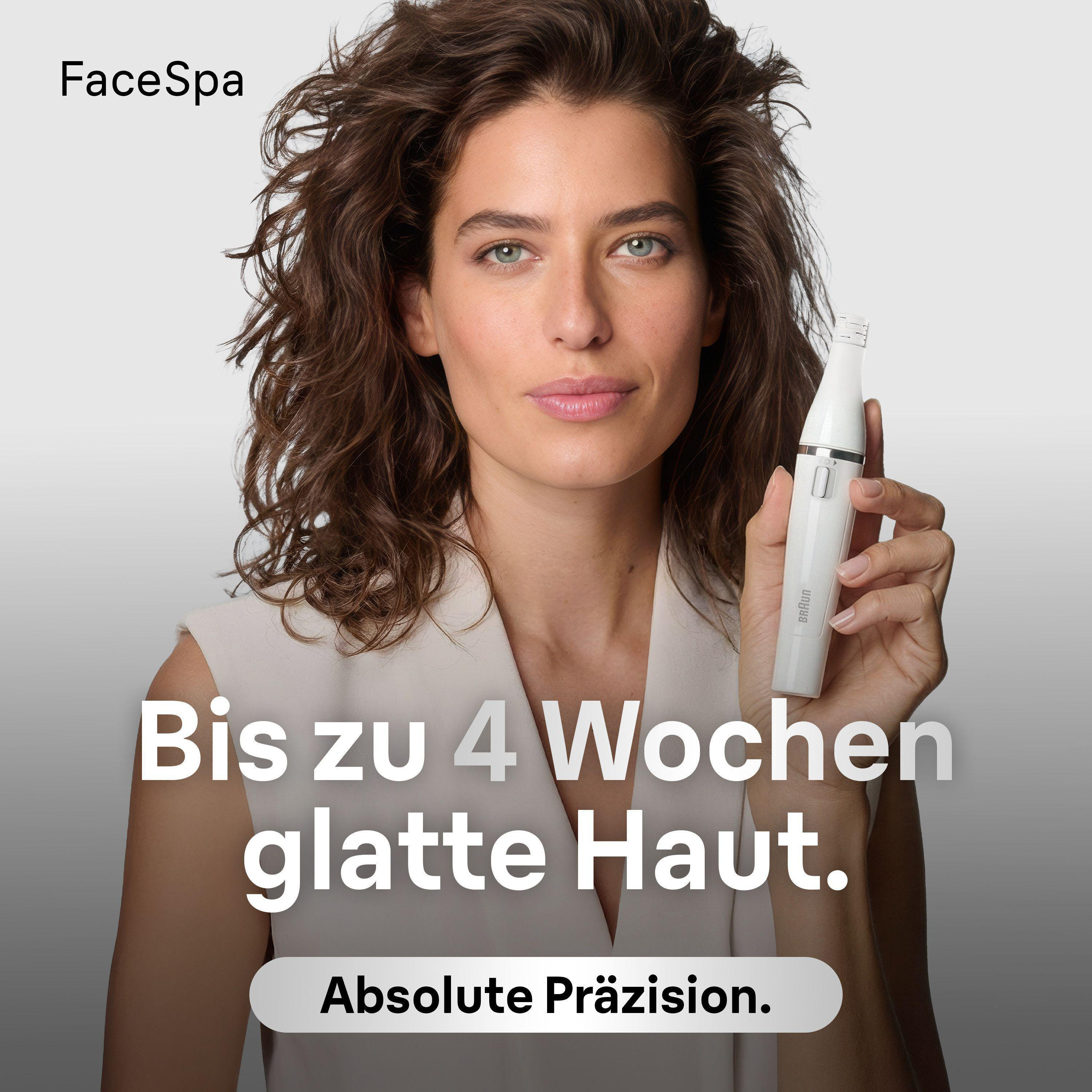 Frau hält Braun FaceSpa. Text: Bis zu 4 Wochen glatte Haut. Absolute Präzision.