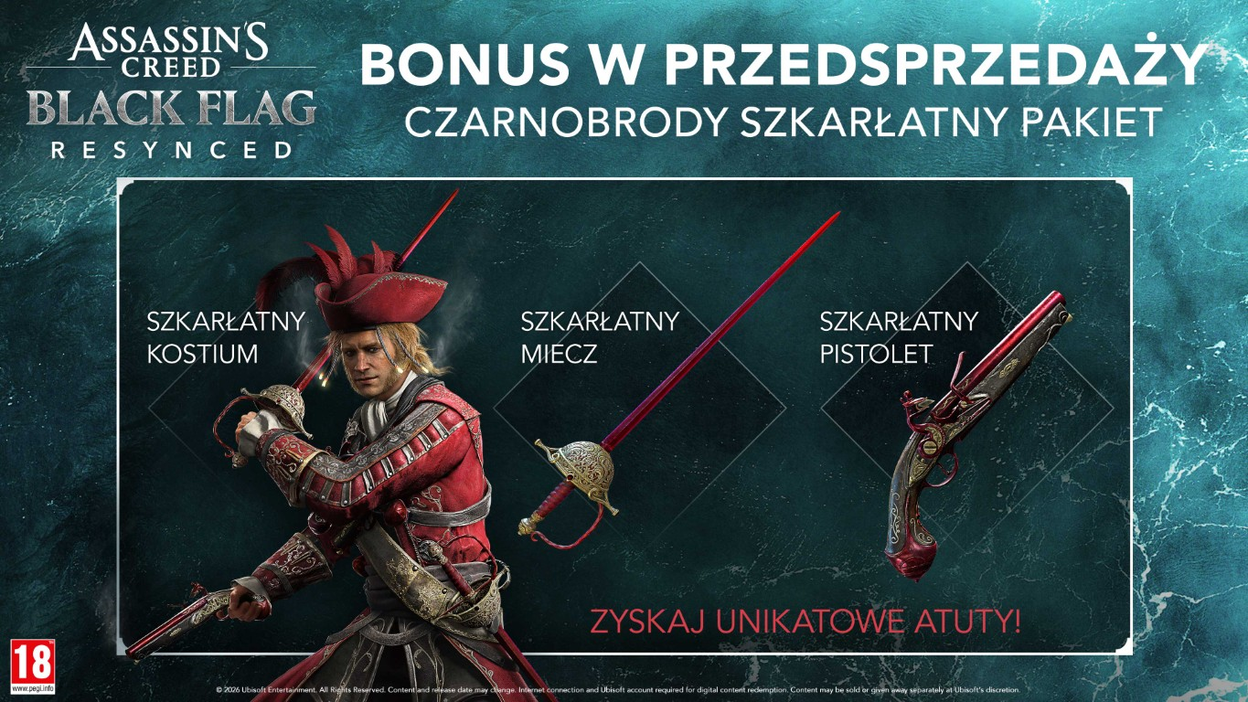 Mężczyzna w czerwonym stroju pirata z kapeluszem, szablą i pistoletem. Assassin's Creed.