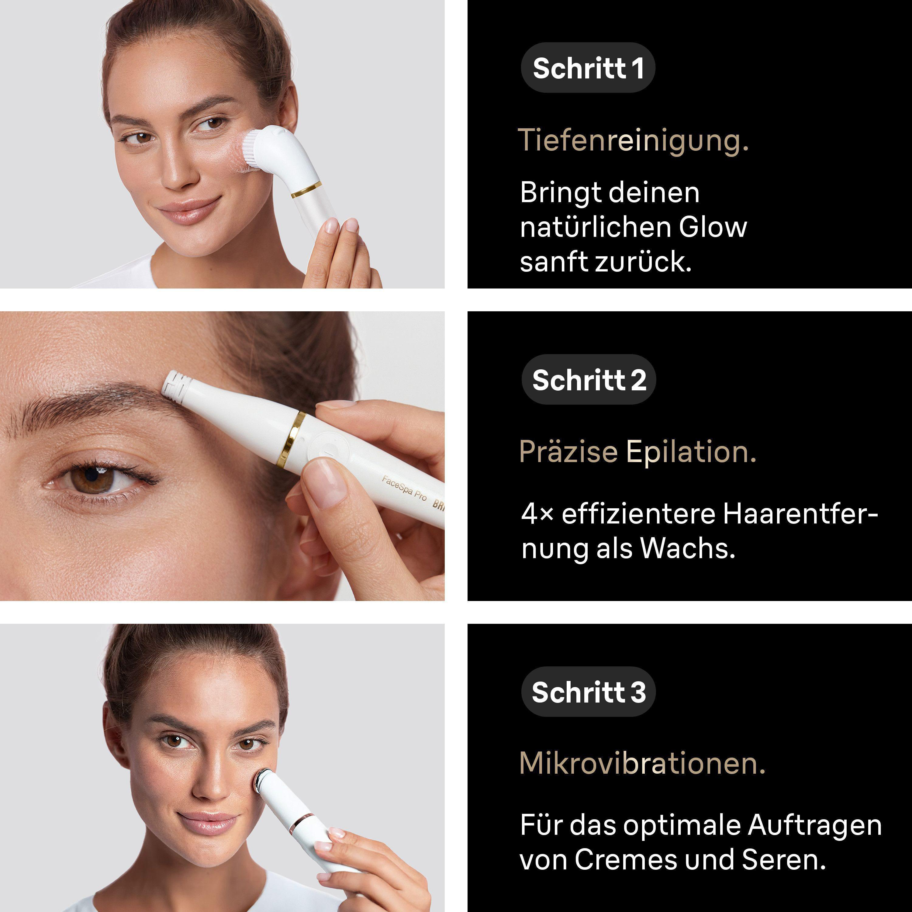 Frau benutzt Gesichtsreinigungsbürste, Epilierer und Mikrovibrationsgerät.