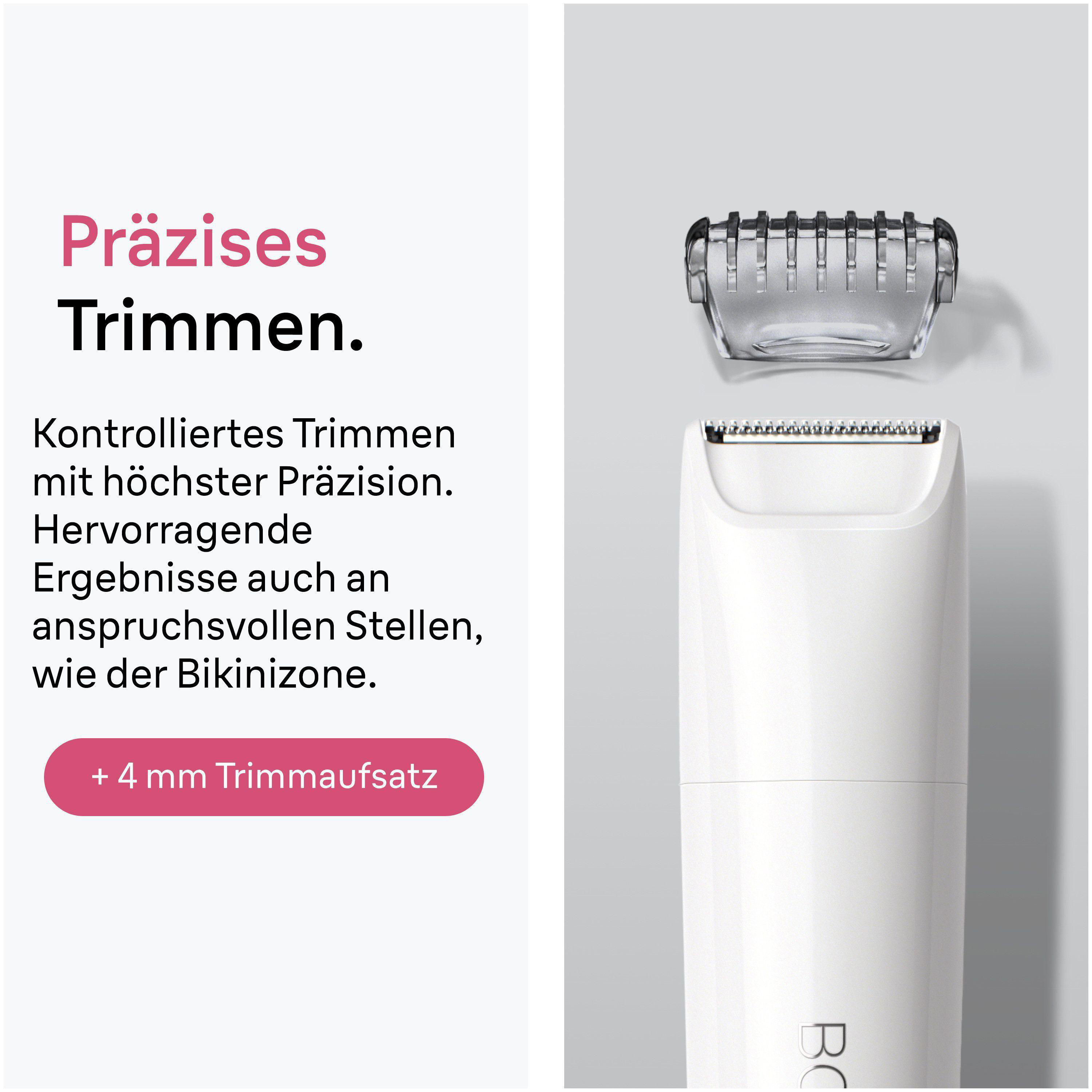 Ein weißer Trimmer mit Aufsatz und Text. Präzises Trimmen.