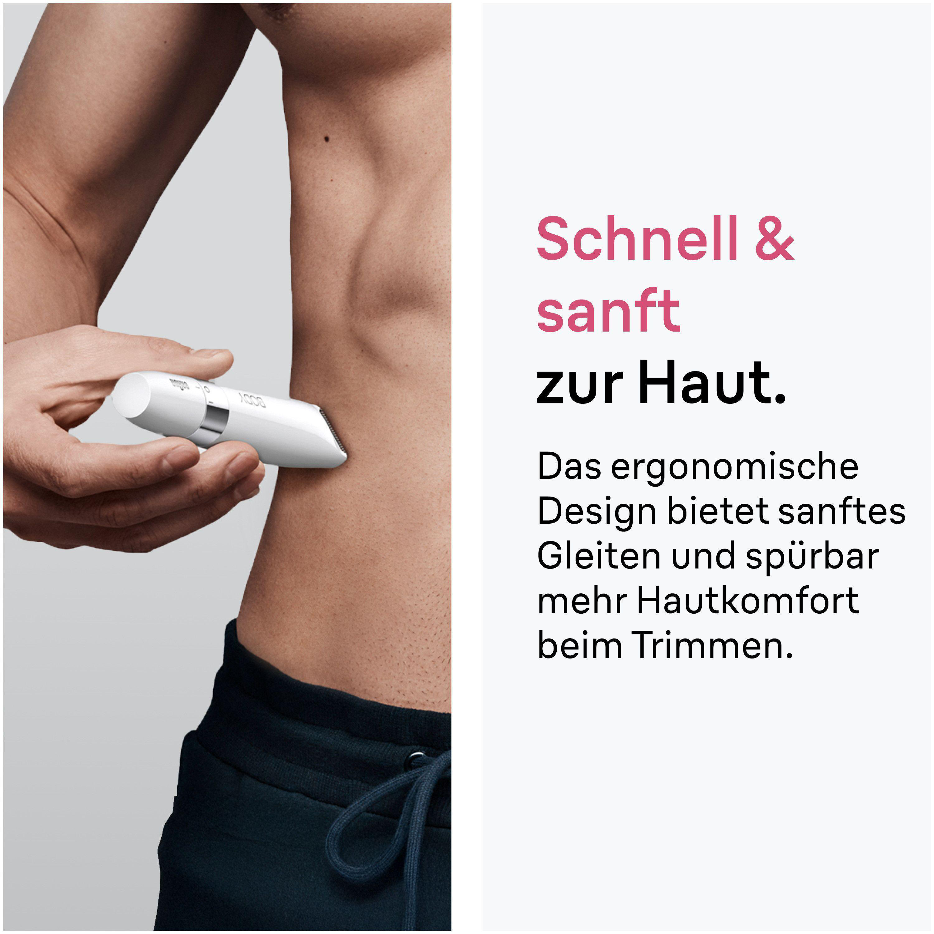 Ein Mann hält einen weißen Trimmer an seine Haut. Daneben steht deutscher Text.