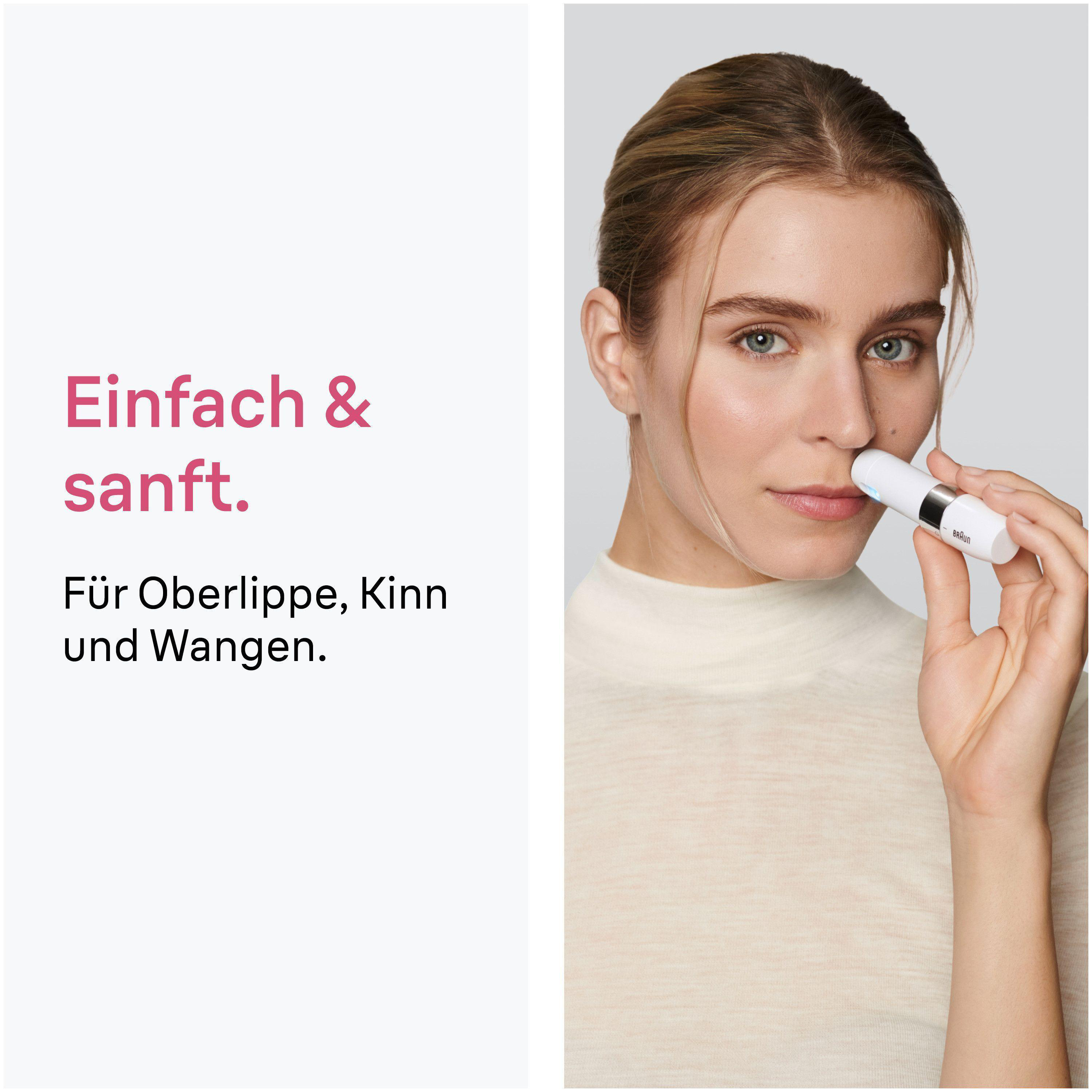 Eine Frau benutzt ein weißes Hautpflegegerät an ihrer Nase. Links ist deutscher Text.