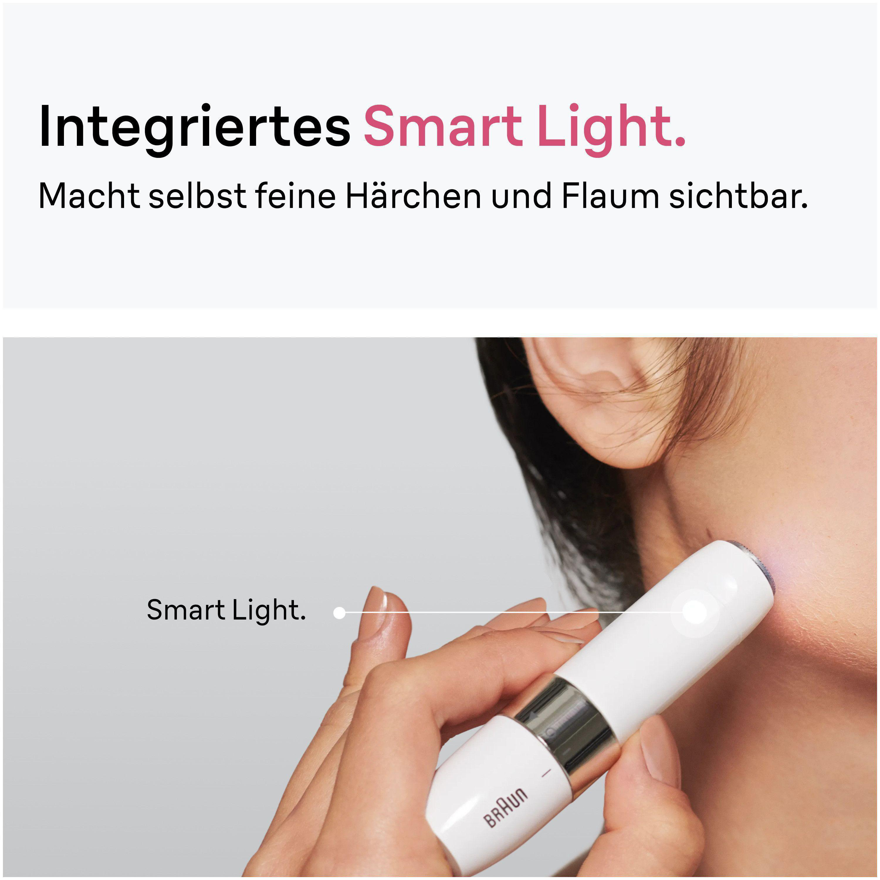 Eine Hand hält ein weißes Braun-Gerät mit integriertem Smart Light am Gesicht.