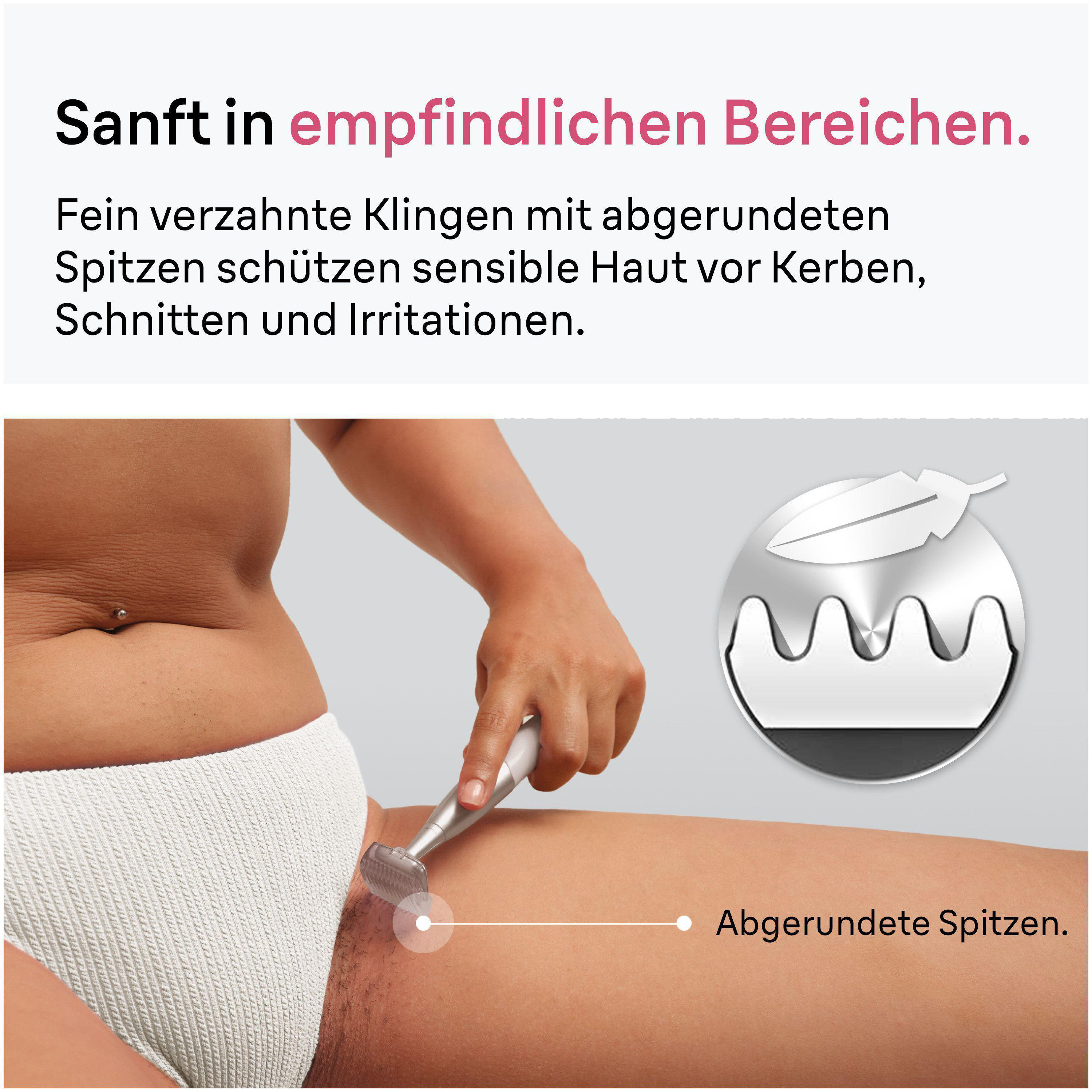 Eine Person benutzt einen Trimmer für empfindliche Bereiche. Abgerundete Spitzen.