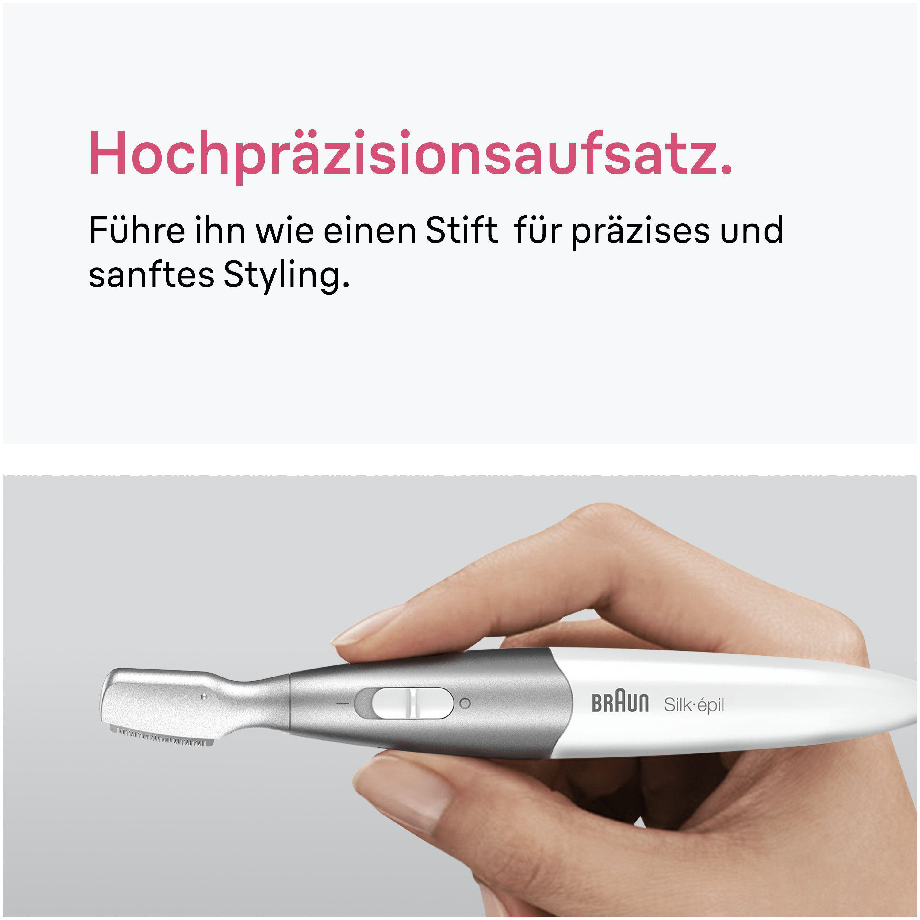 Eine Hand hält einen silbernen und weißen Braun Silk-épil Trimmer.