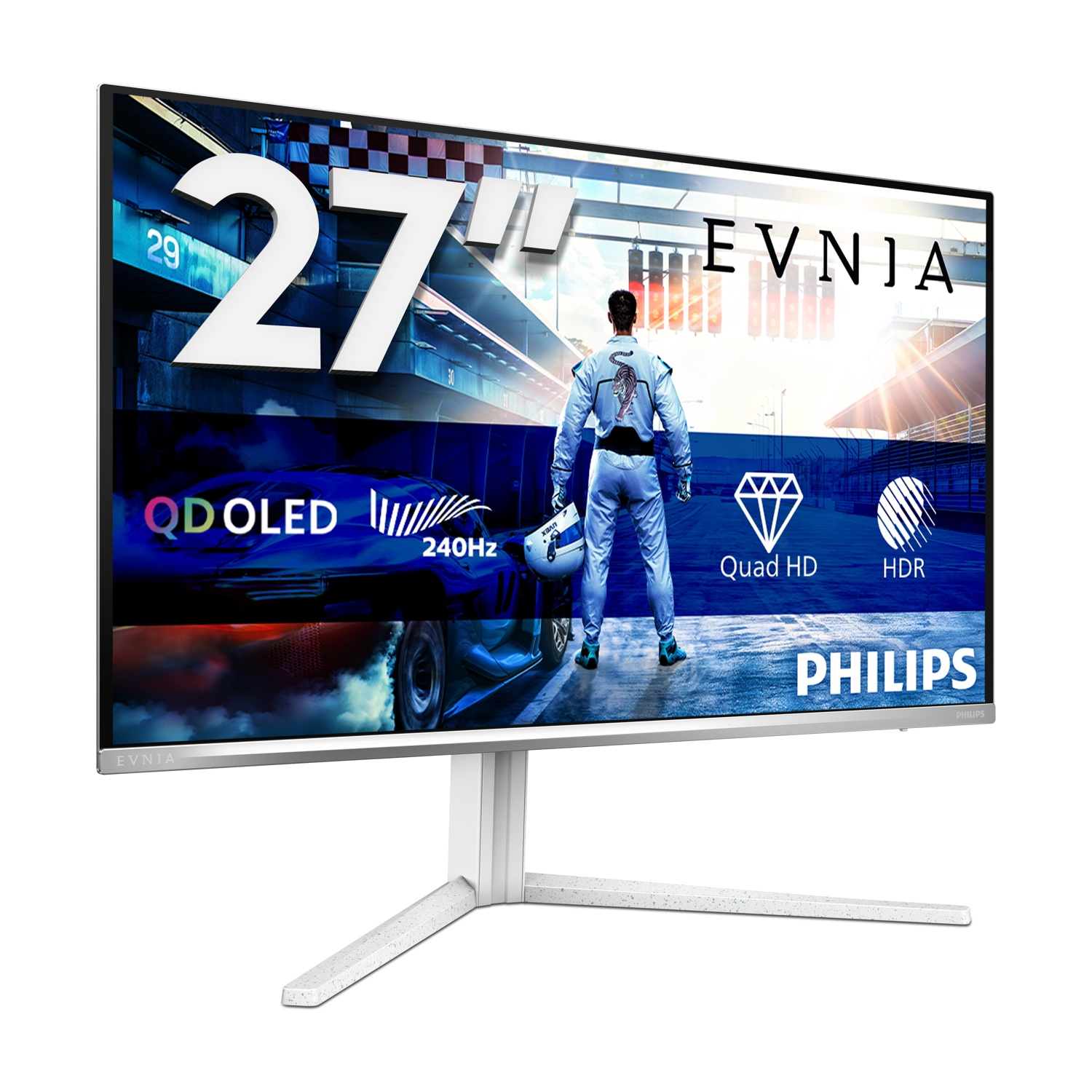 Monitor QD-OLED da 27 pollici che mostra un pilota da corsa e un'auto.
