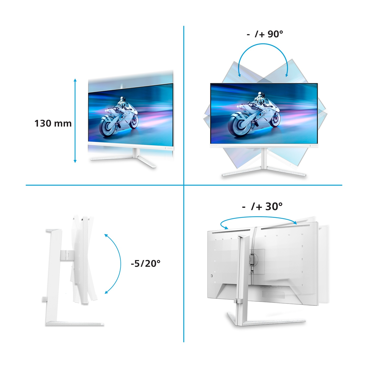 Un monitor bianco mostrato in varie viste che ne dimostrano la regolabilità.