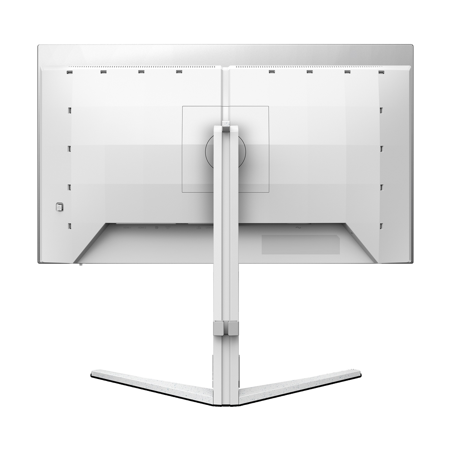 Vista posteriore di un monitor per computer bianco con supporto, porte e pulsante.