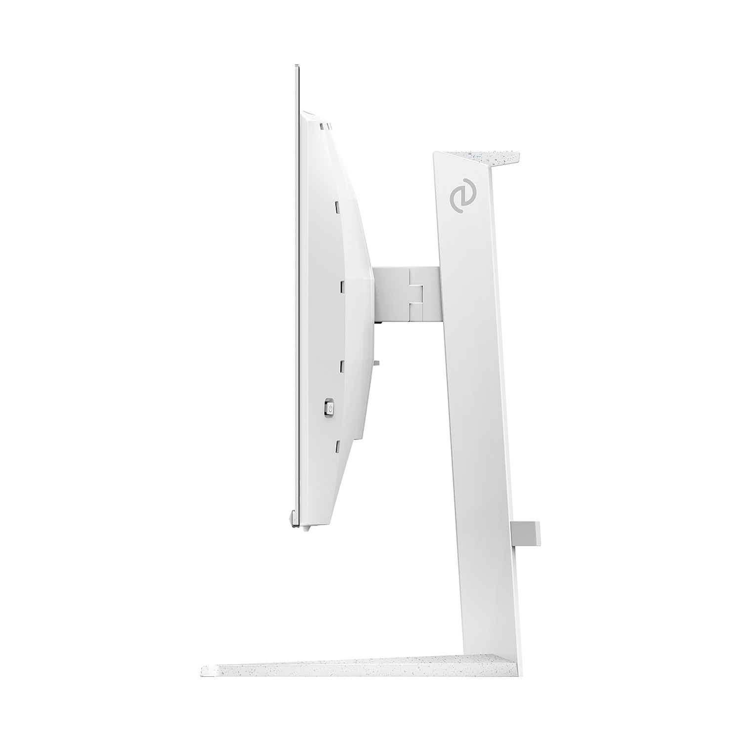 Monitor bianco visto di lato, con supporto sottile.