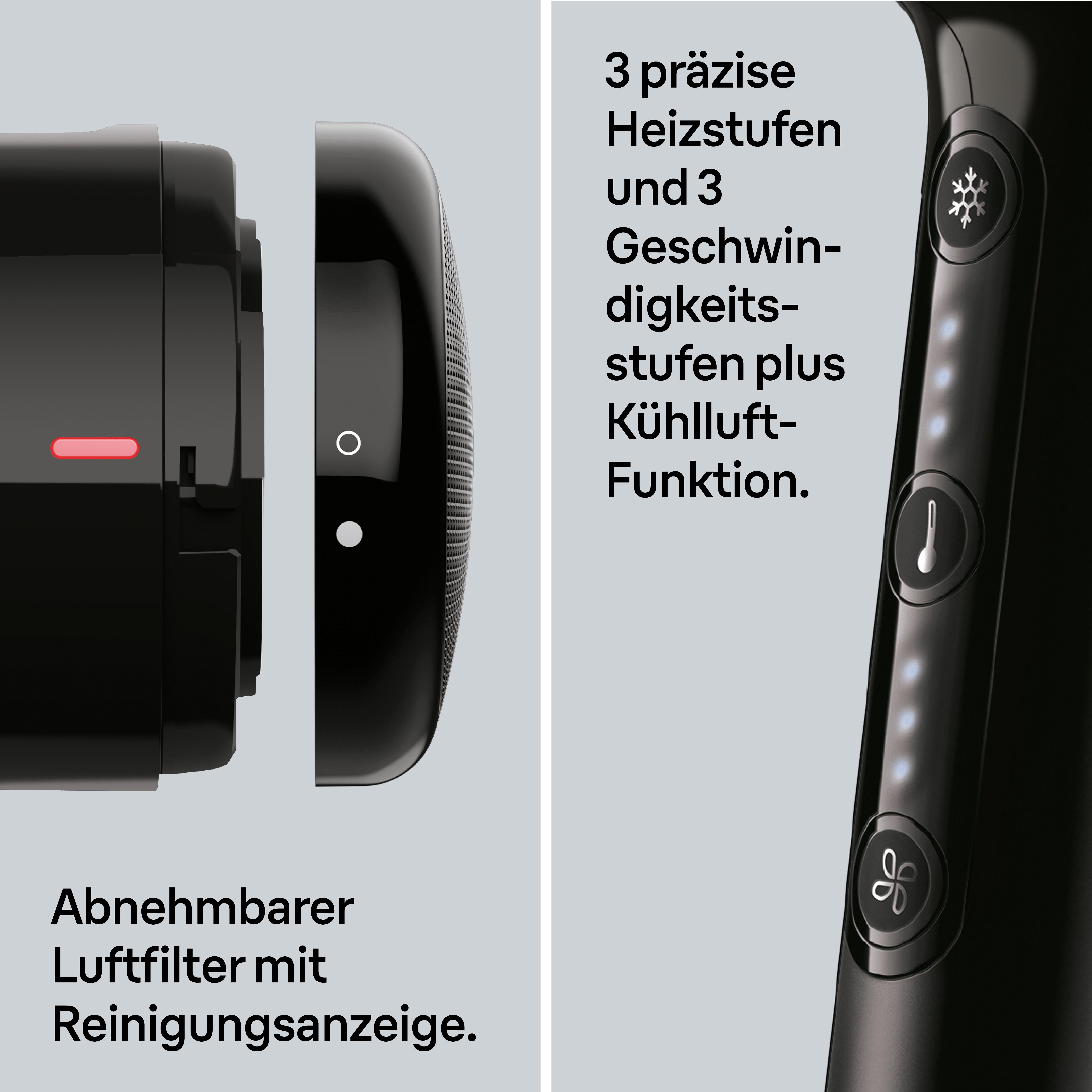 Schwarzes Gerät mit Bedienelementen und Text. Abnehmbarer Luftfilter.