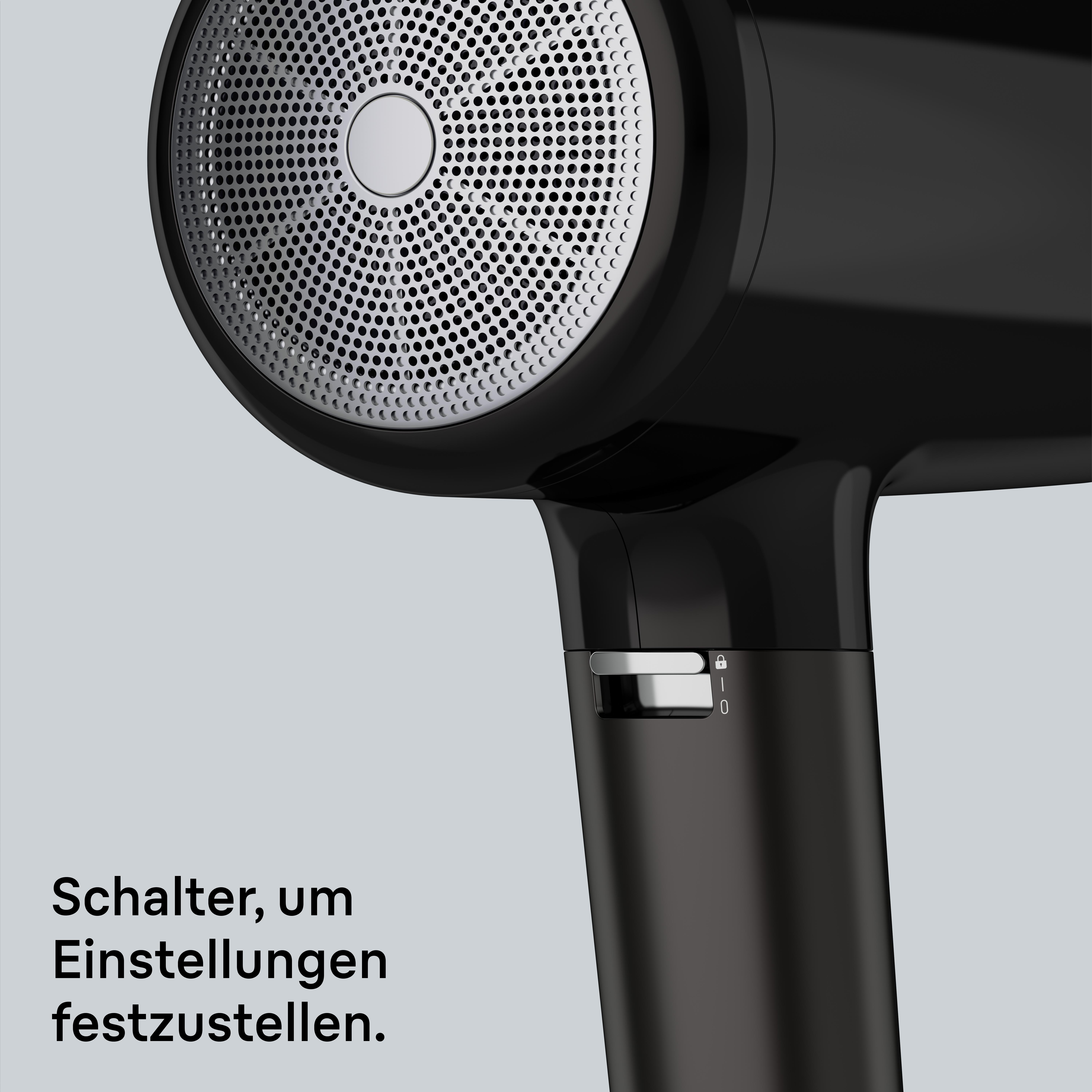 Schwarzer Haartrockner mit silbernem Schalter und Lautsprechergitter.