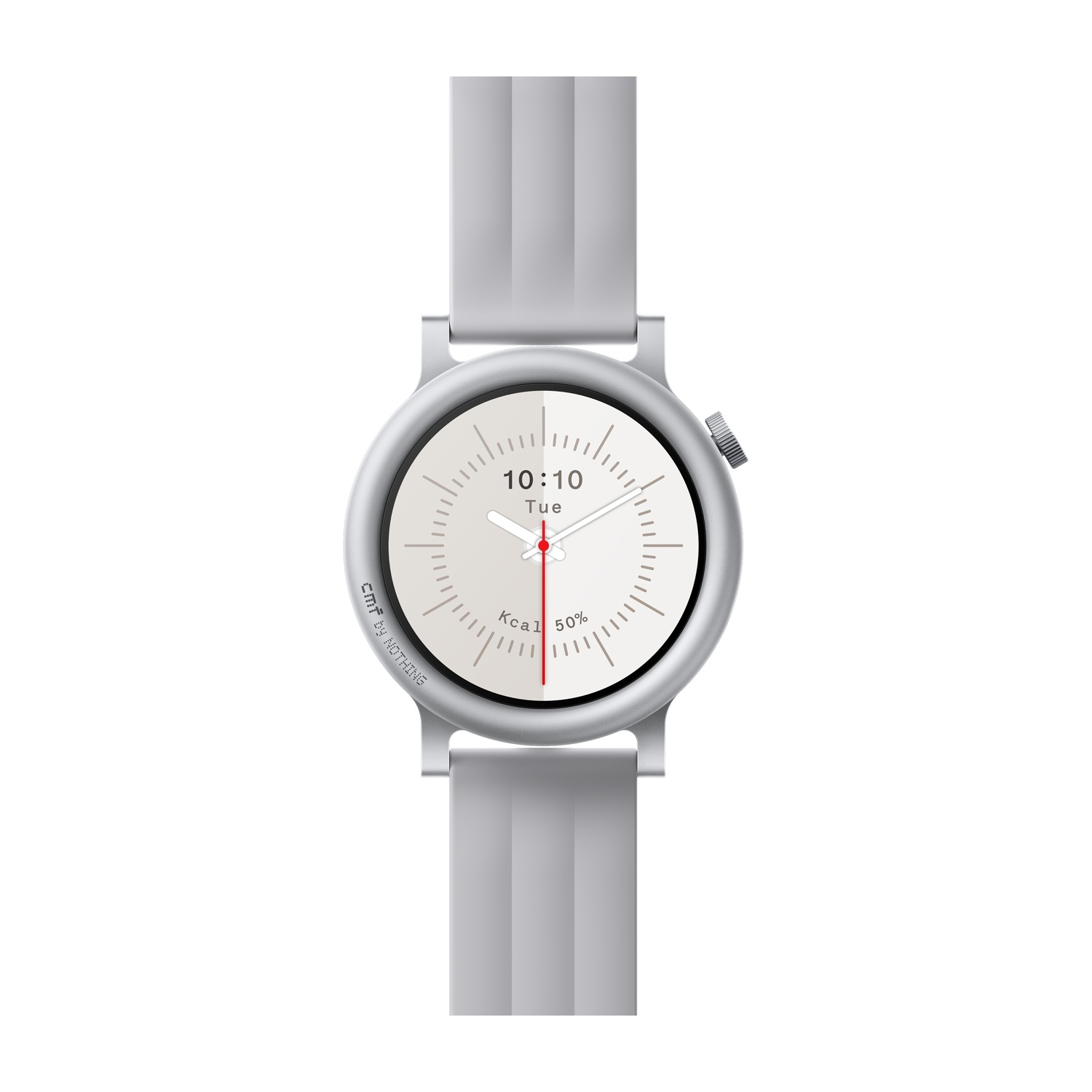 Uno smartwatch argentato con cinturino grigio mostra le 10:10.