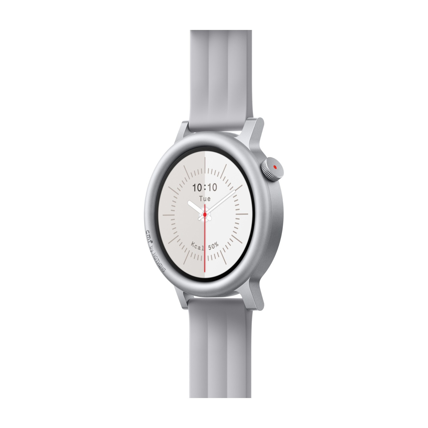 Uno smartwatch argento con cinturino grigio mostra 10:10 mar, Kcal 1 e 50%.