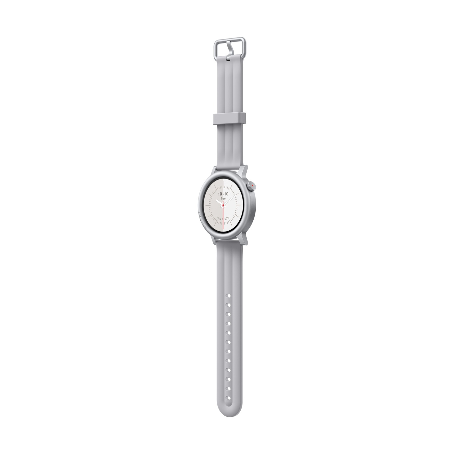 Uno smartwatch grigio chiaro con quadrante bianco e accento rosso.