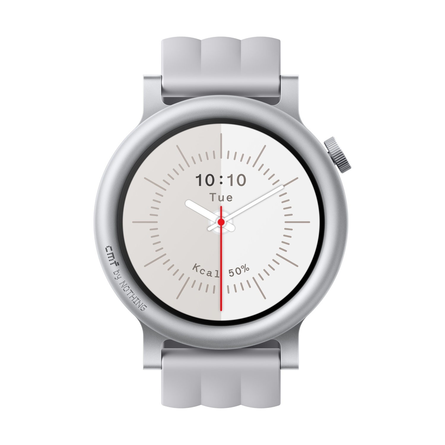 Smartwatch argentato con quadrante bianco che mostra 10:10, martedì, Kcal e 50%.