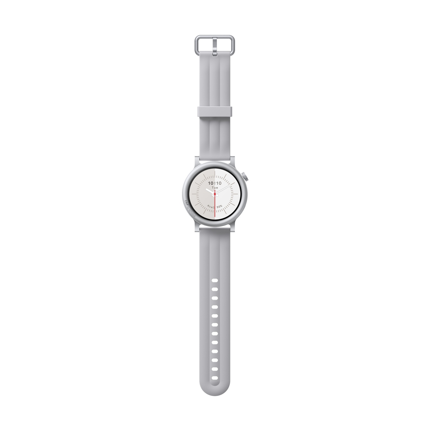 Uno smartwatch grigio chiaro con quadrante bianco e accento rosso.