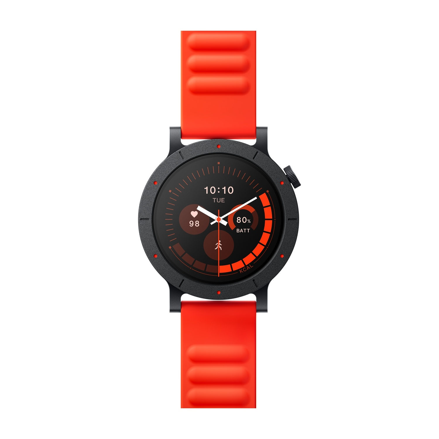 Orologio smart nero con cinturino rosso, mostra 10:10, martedì, 98 passi, 80% batteria.
