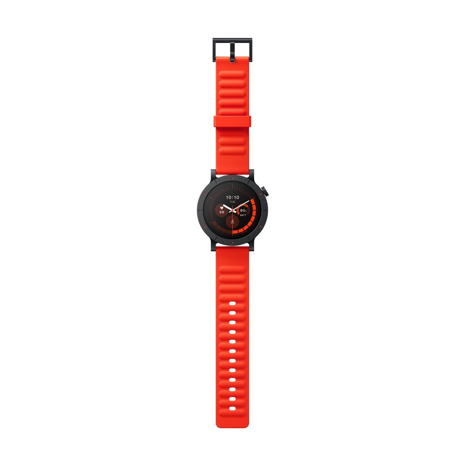 Uno smartwatch rosso con quadrante e cinturino neri, visualizzato verticalmente.