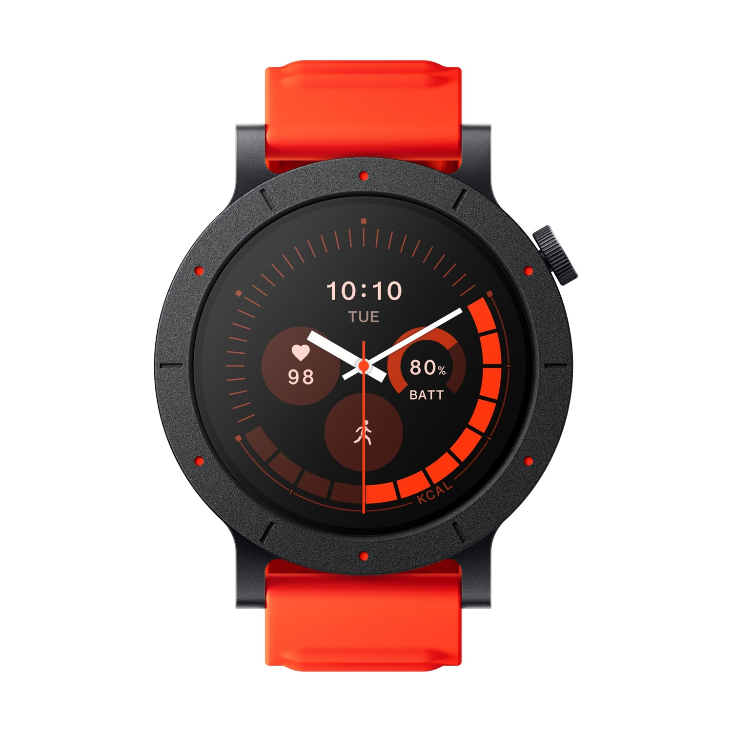 Orologio smart moderno con quadrante nero, cinturino arancione, mostra ora, battito cardiaco, calorie e batteria.