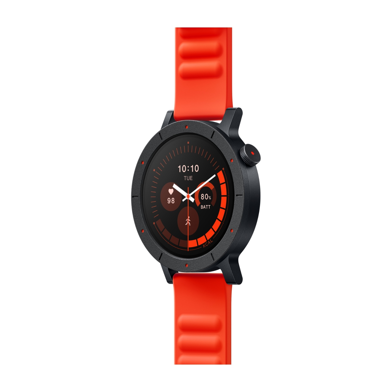 Smartwatch nero con cinturino rosso. Mostra 10:10, martedì, 98 passi, 80% batteria.