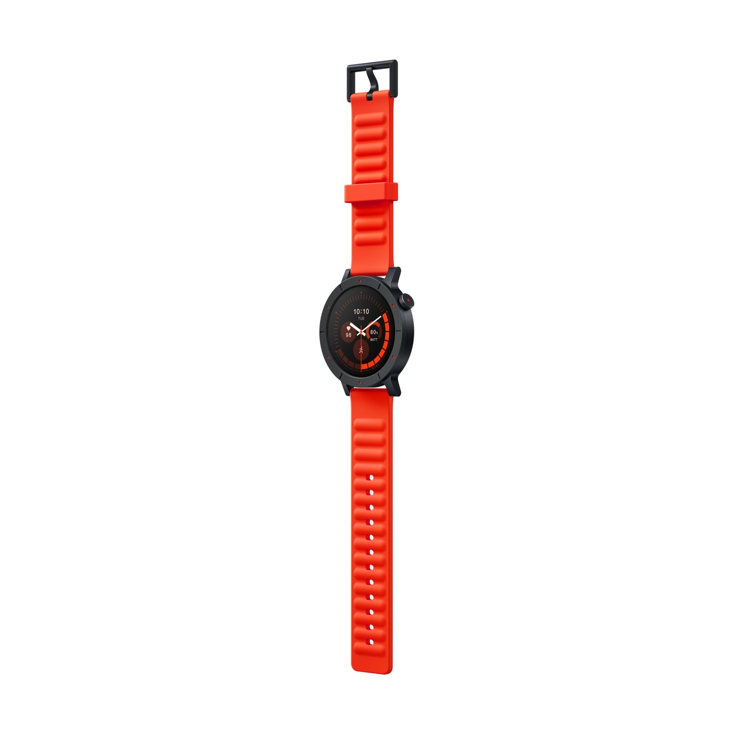 Uno smartwatch nero con cinturino rosso acceso su sfondo bianco.