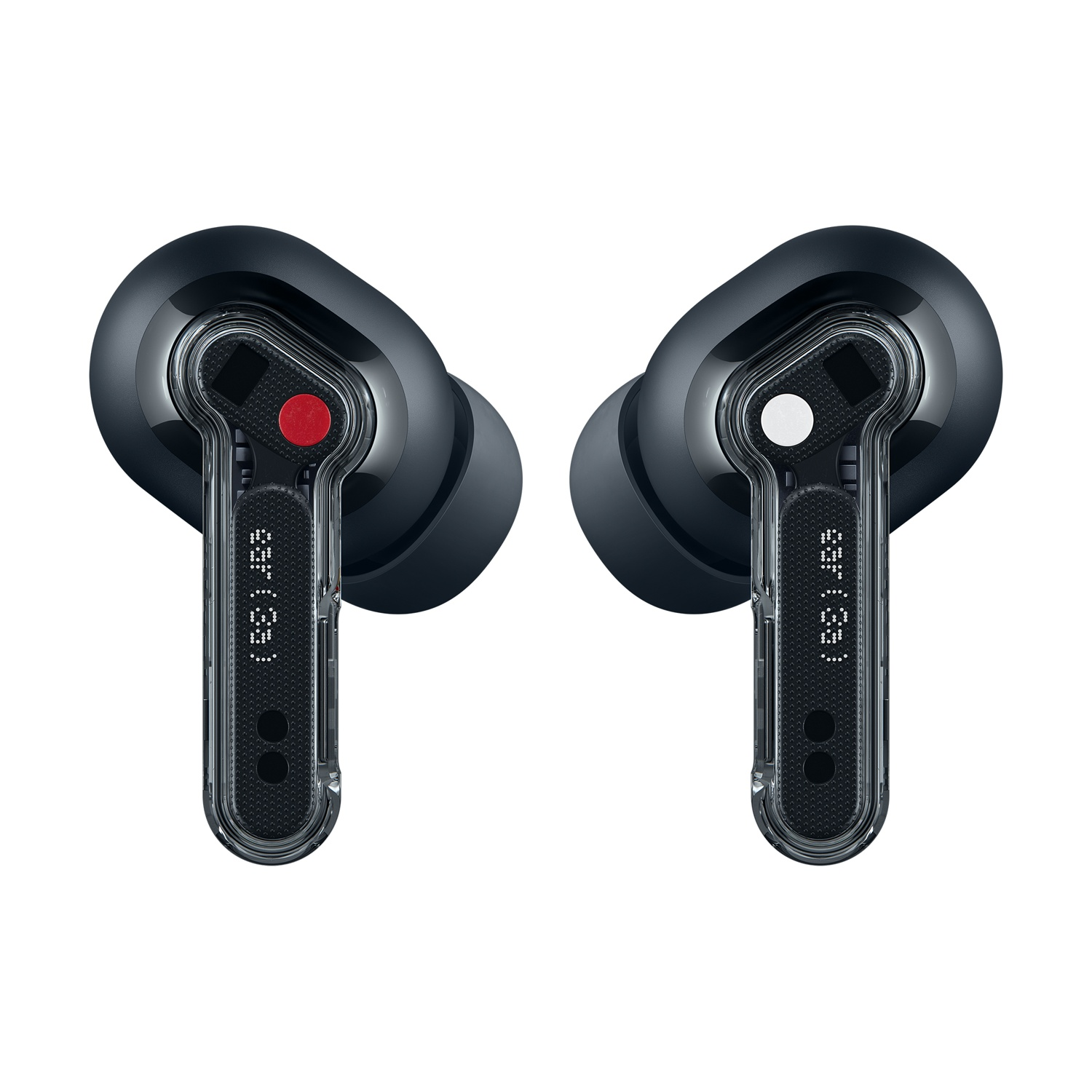 Coppia di auricolari wireless blu scuro con steli trasparenti e accenti argentati.