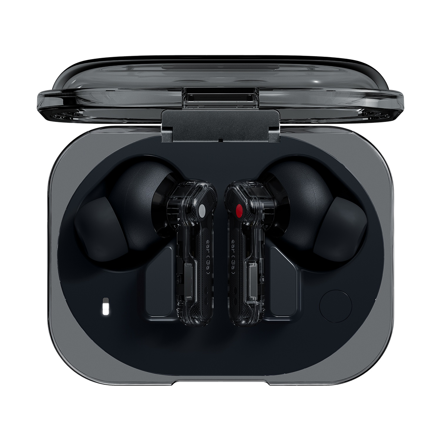 Auricolari wireless neri in una custodia di ricarica aperta con coperchio trasparente.