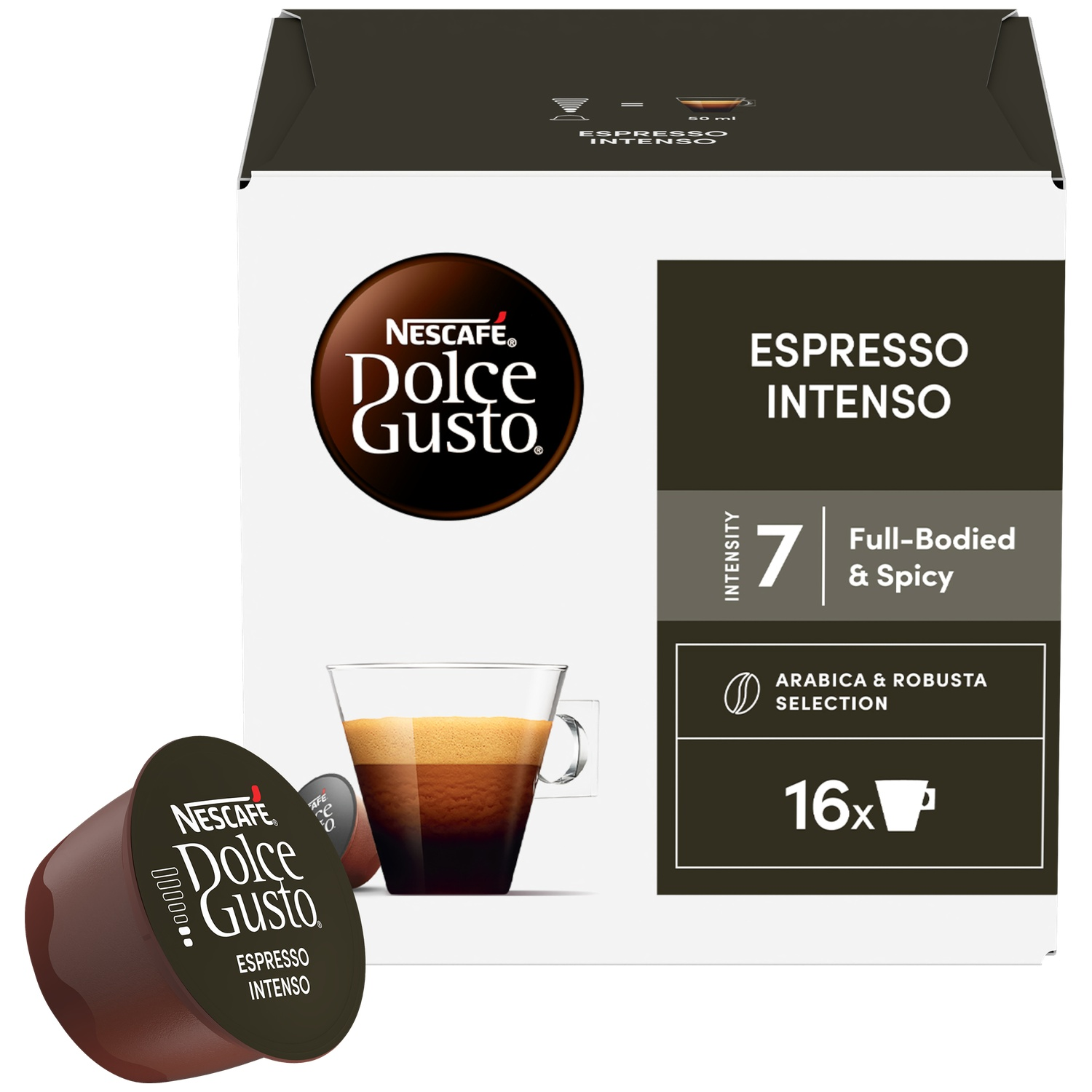 Nescafé Dolce Gusto Espresso Intenso pods with coffee in a cup.