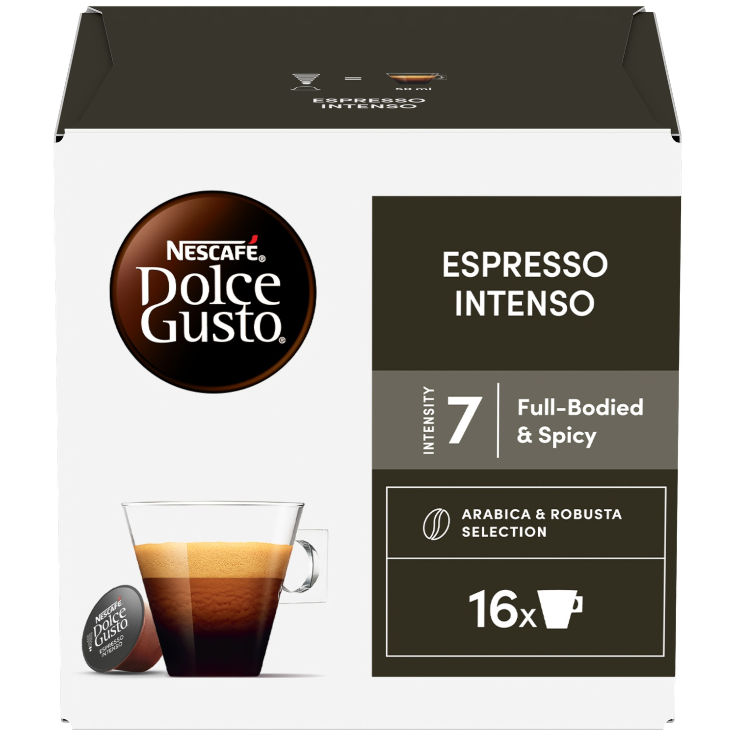 Nescafé Dolce Gusto Espresso Intenso coffee box with cup and capsule.