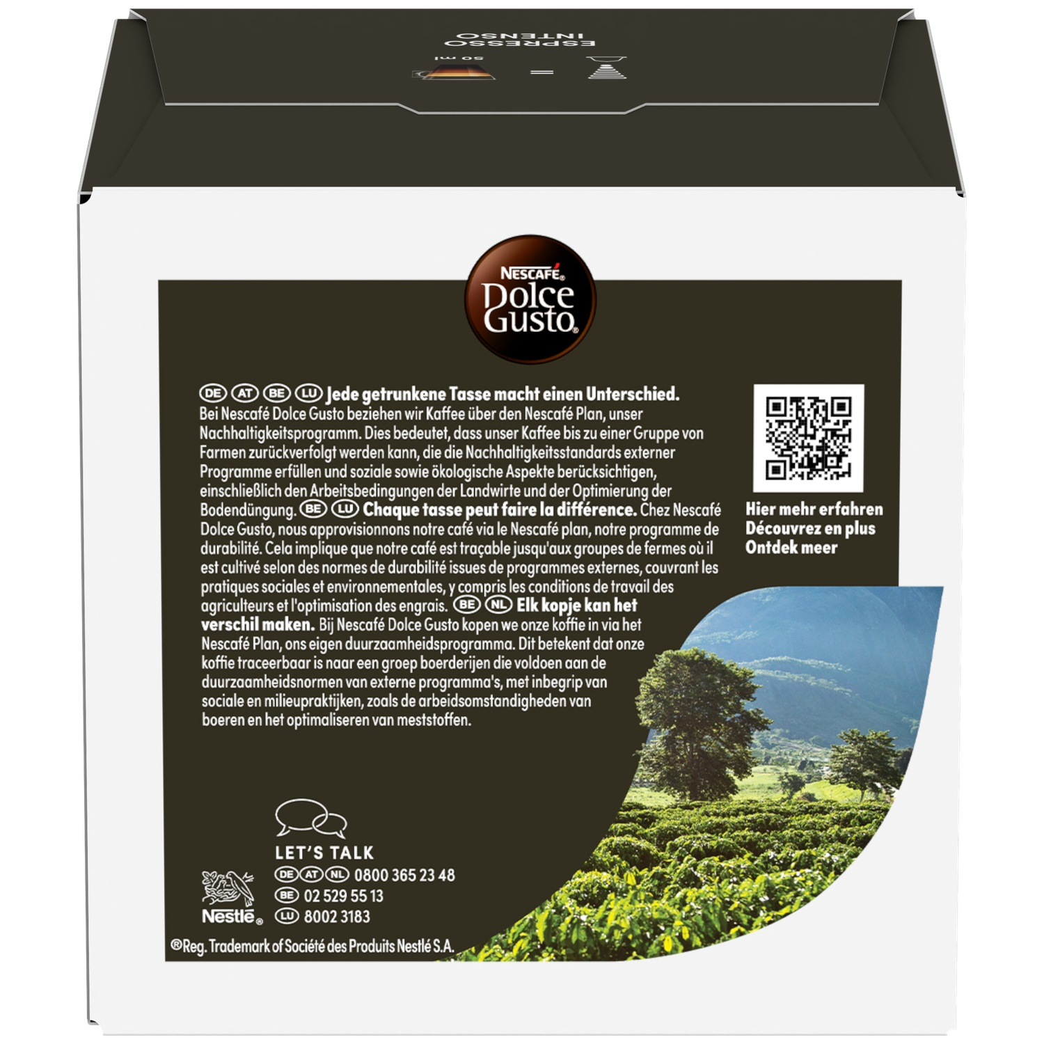 NESCAFÉ Dolce Gusto coffee packaging. Text on sustainability and image of coffee plantation.
