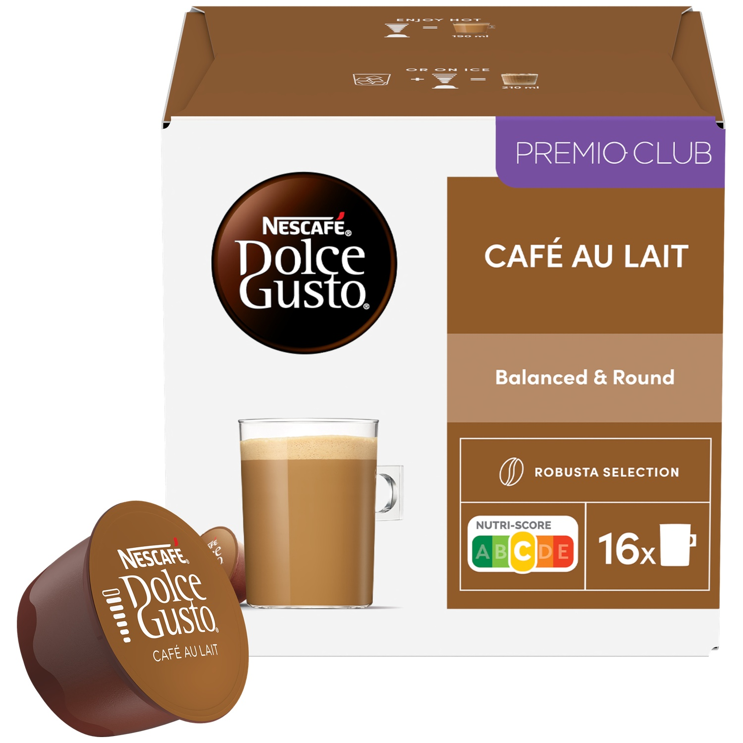 Nescafe Dolce Gusto Cafe Au Lait box with coffee pods and a glass of coffee.