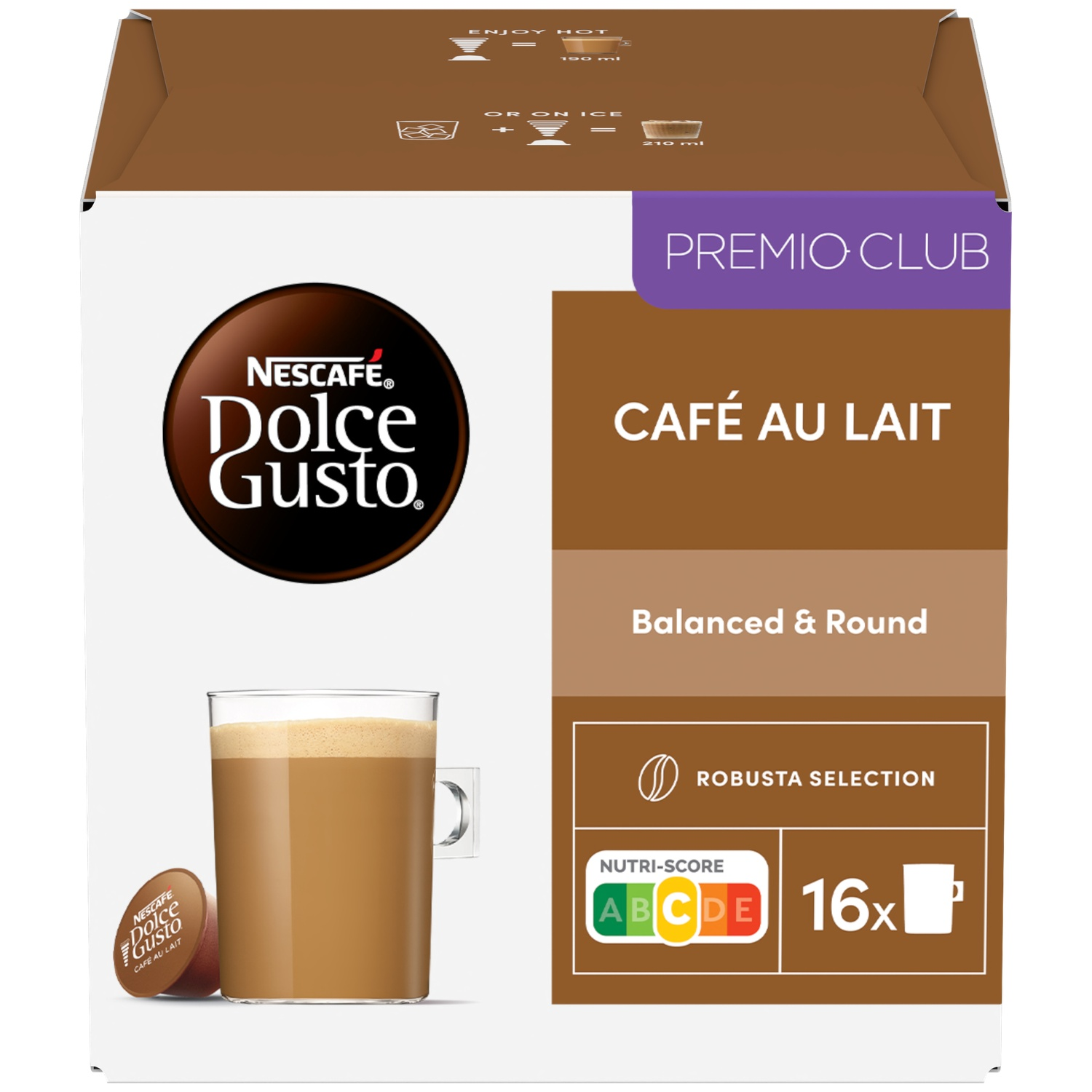 Nescafe Dolce Gusto Cafe au Lait capsule box with a cup of coffee.