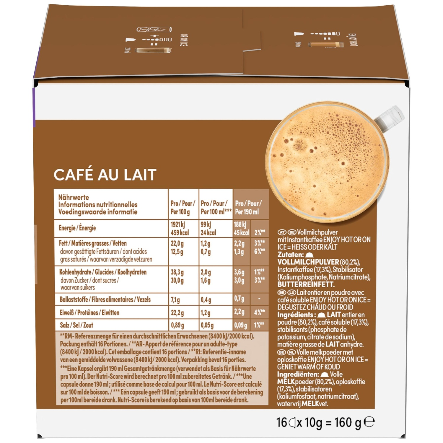 A cup of coffee with milk and foam next to a box with nutritional information.