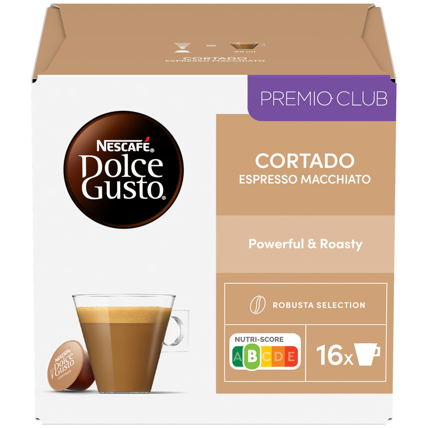 Nescafe Dolce Gusto Cortado Espresso Macchiato box with capsule and coffee cup.