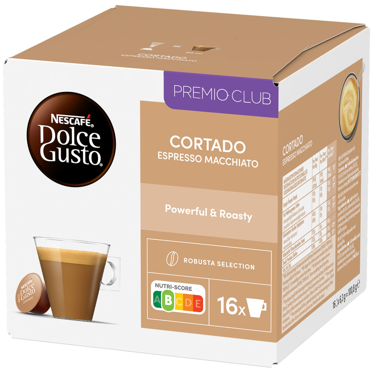 Box of Nescafé Dolce Gusto Cortado Espresso Macchiato with cup and capsule.