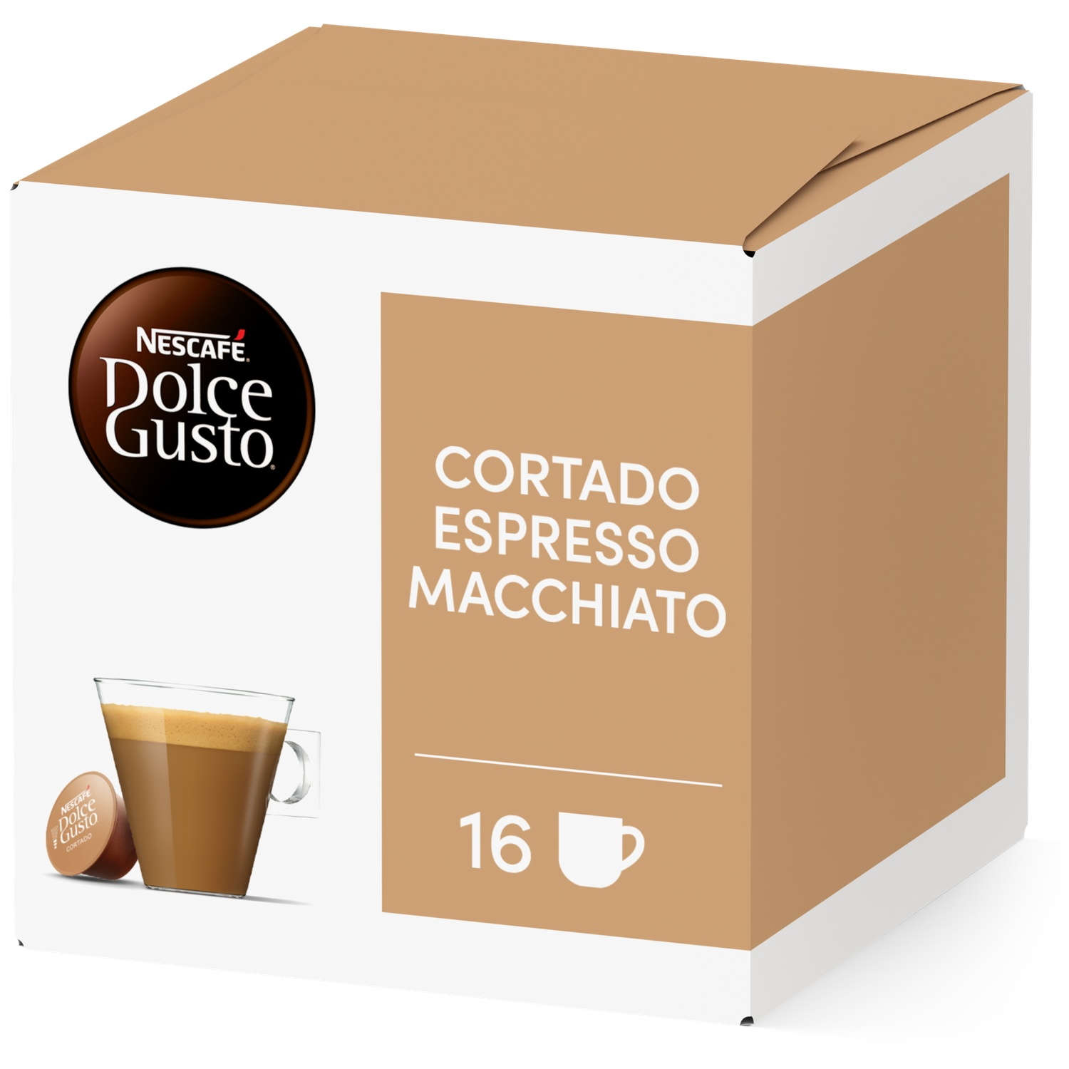 Nescafe Dolce Gusto Cortado Espresso Macchiato box with 16 pods, and a glass of coffee.