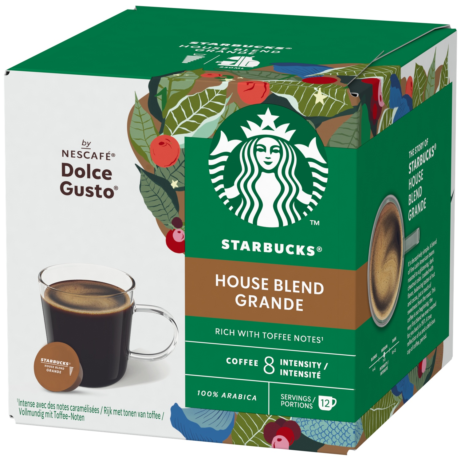 Starbucks House Blend Grande coffee packaging with a cup of coffee and capsule.