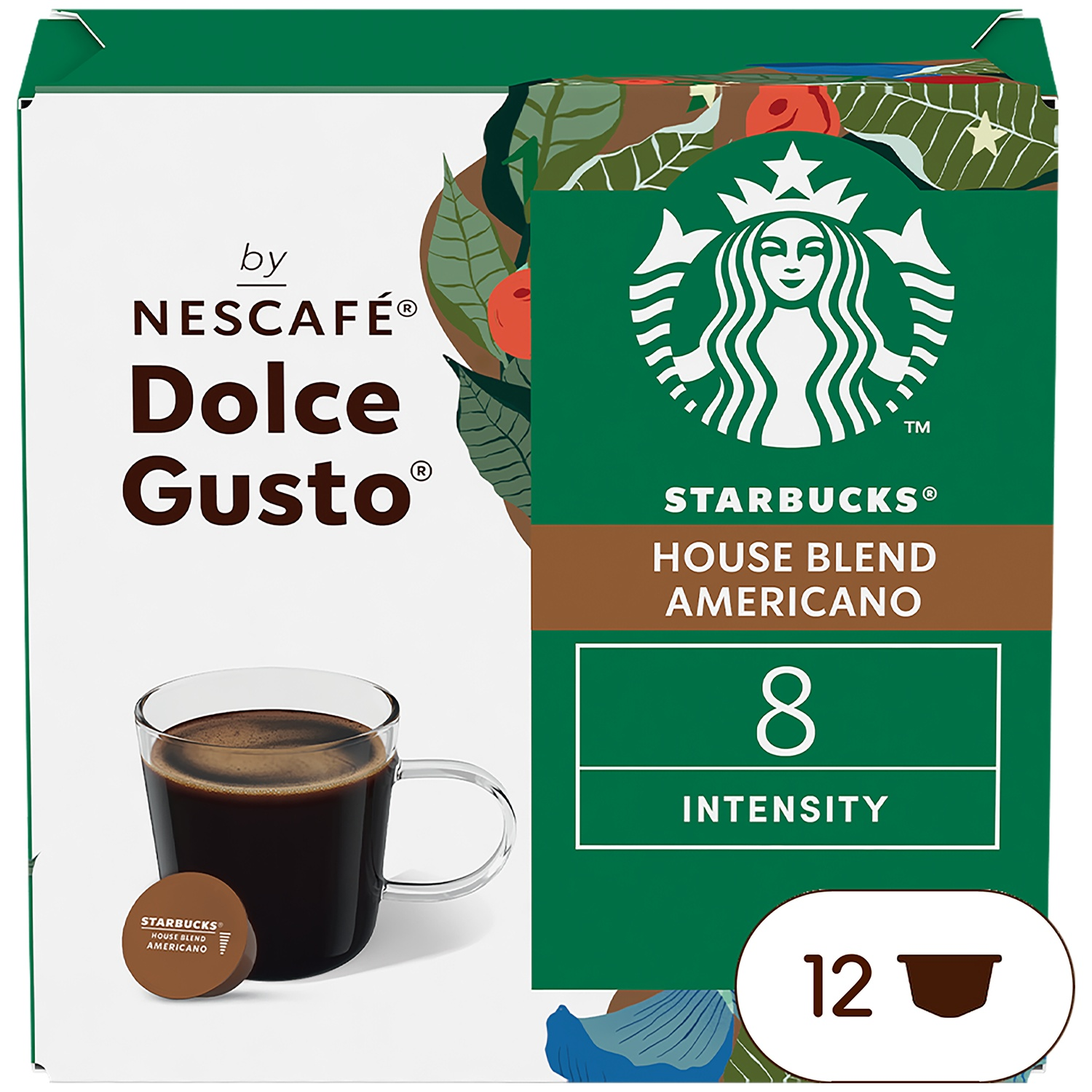 Box with Nescafé Dolce Gusto and Starbucks House Blend Americano pods.