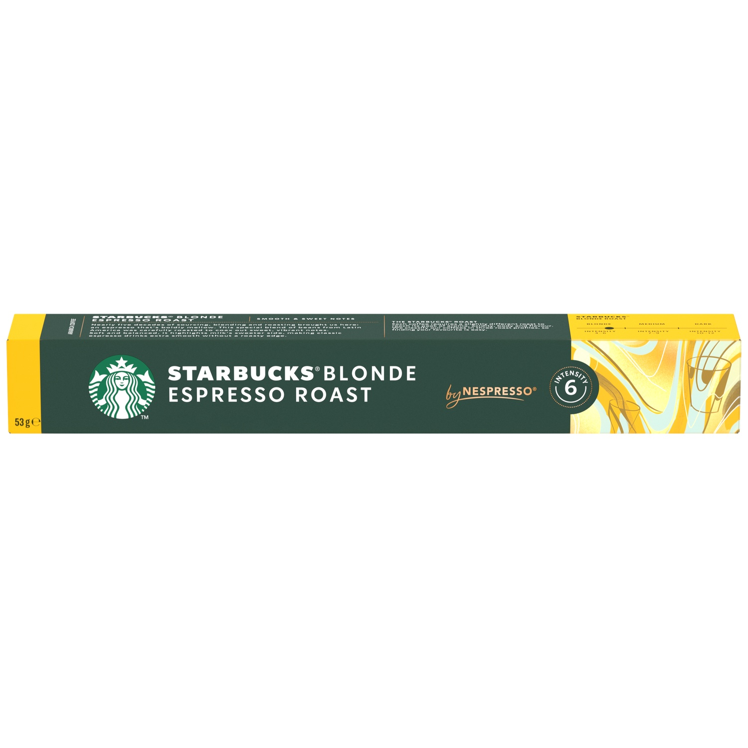 Starbucks Blonde Espresso Roast coffee capsules, intensity 6, with Starbucks logo.