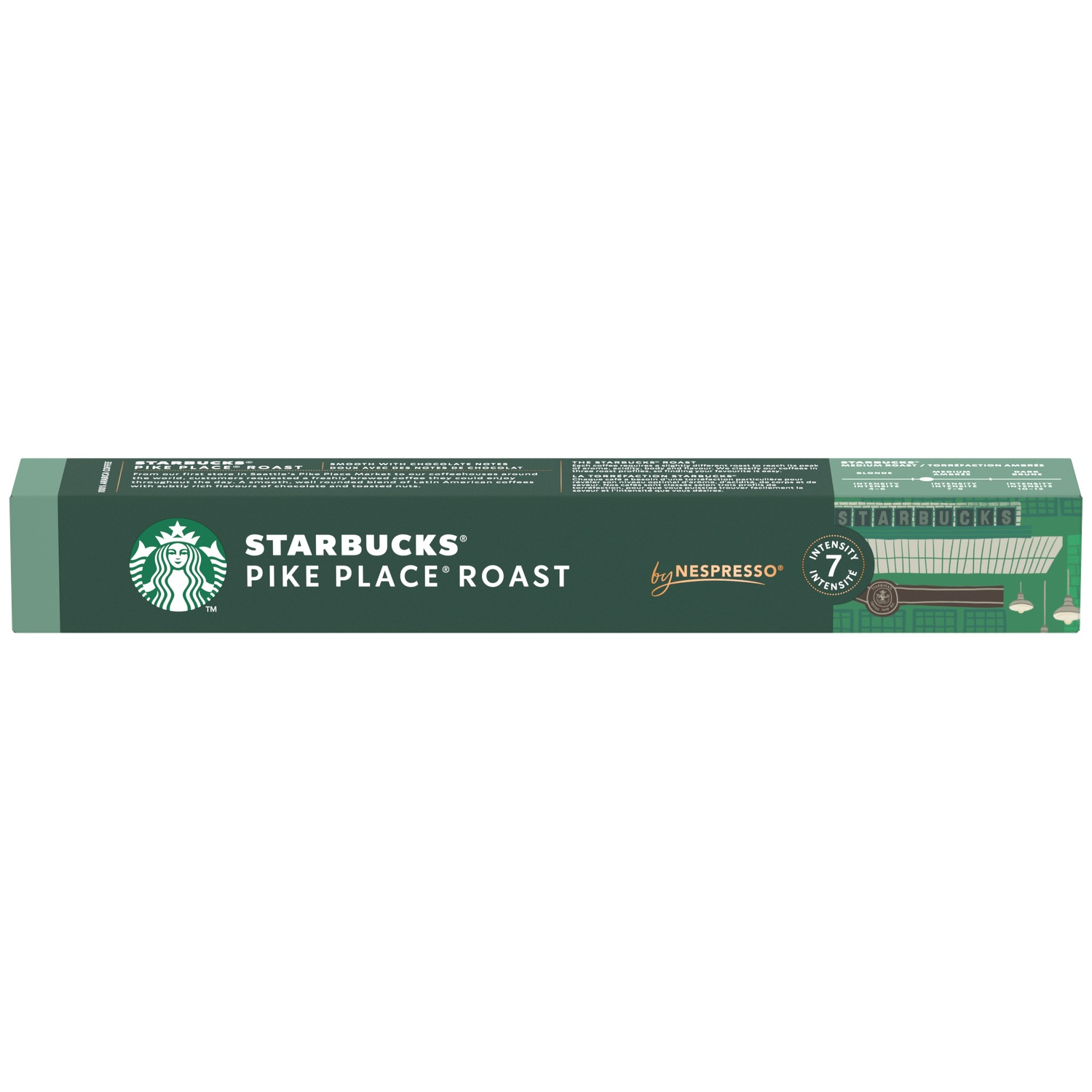 Starbucks Pike Place Roast coffee capsules with intensity 7, for Nespresso.