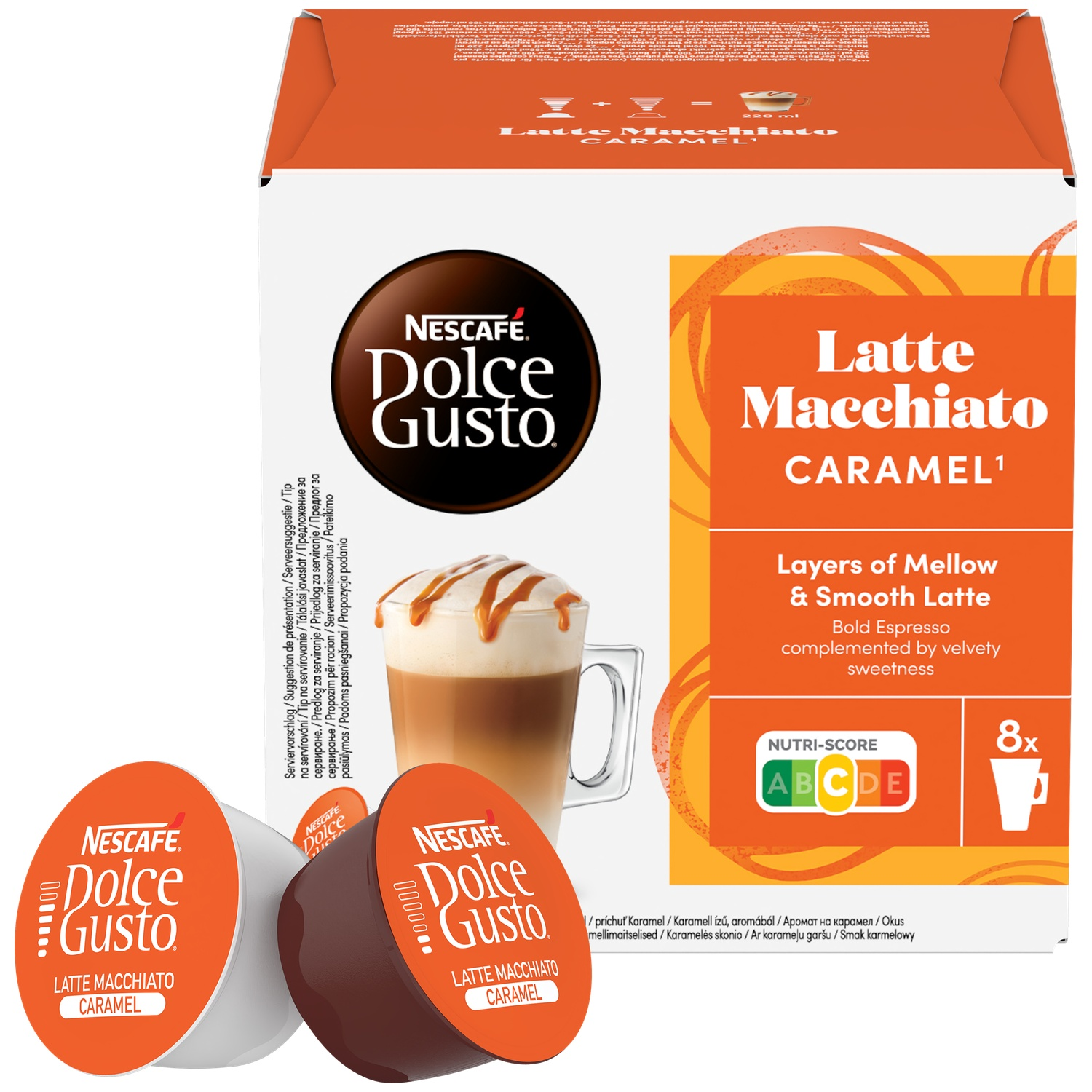 NESCAFÉ Dolce Gusto Caramel Latte Macchiato box with glasses and capsules.