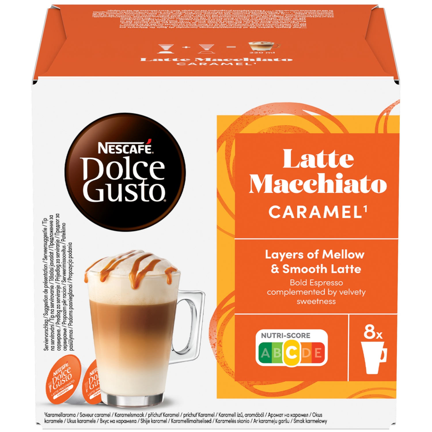 Nescafe Dolce Gusto Caramel Latte Macchiato box with a glass of coffee.