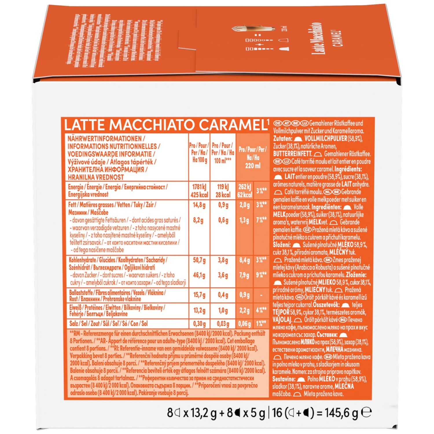 Packaging for Latte Macchiato Caramel with nutritional information.